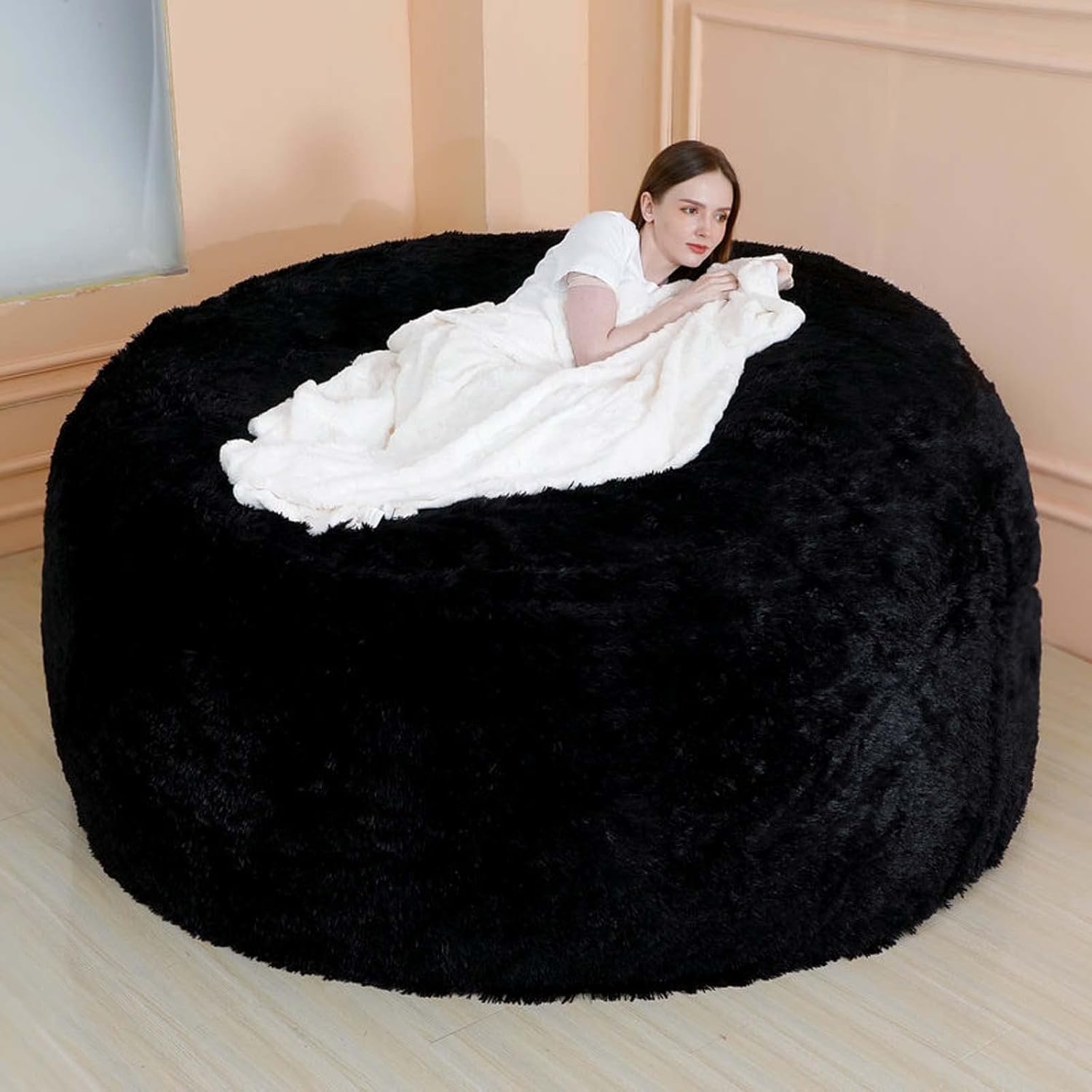LDMZ Bean Bag Chair Cover, Large Round Soft Fluffy Washable Lazy Beanbag Cover (Without Filling) Living Room Furniture(White,7FT-180 * 90cm)