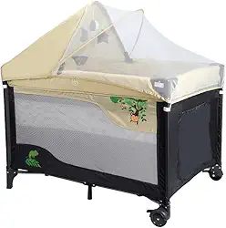 Berço Cercado Premium Chiqueirinho Portátil Com Mosquiteiro e Trocador Preto/Marrom até 18Kg Multmaxx