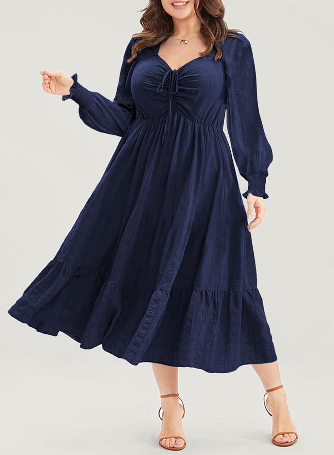 Eytino Plus Size Dress for Women Long Sleeve Sweetheart Neck Ruffle Long Maxi Dresses(1X-5X) - Image 2