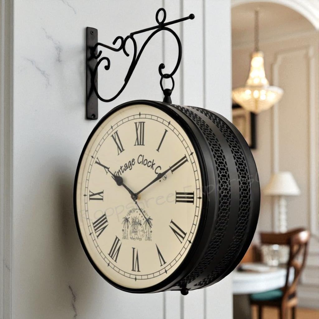 Vintage Clock Iron Handcrafted Double Side Analog Clock (Black, Two Side Roman Numbers, 12 X 12 Inches)