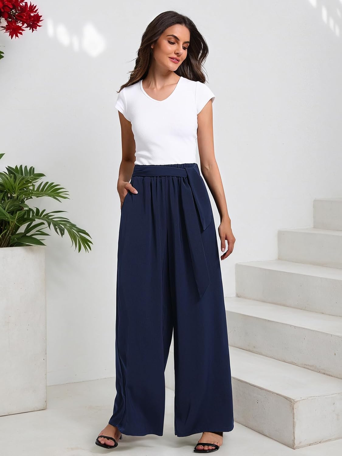 QIANXIZHAN Women's Wide Leg Pants, High Waisted Palazzo Pants Dressy Summer Flowy Casual Lounge Work Dress Pants Trousers WL - Image 4