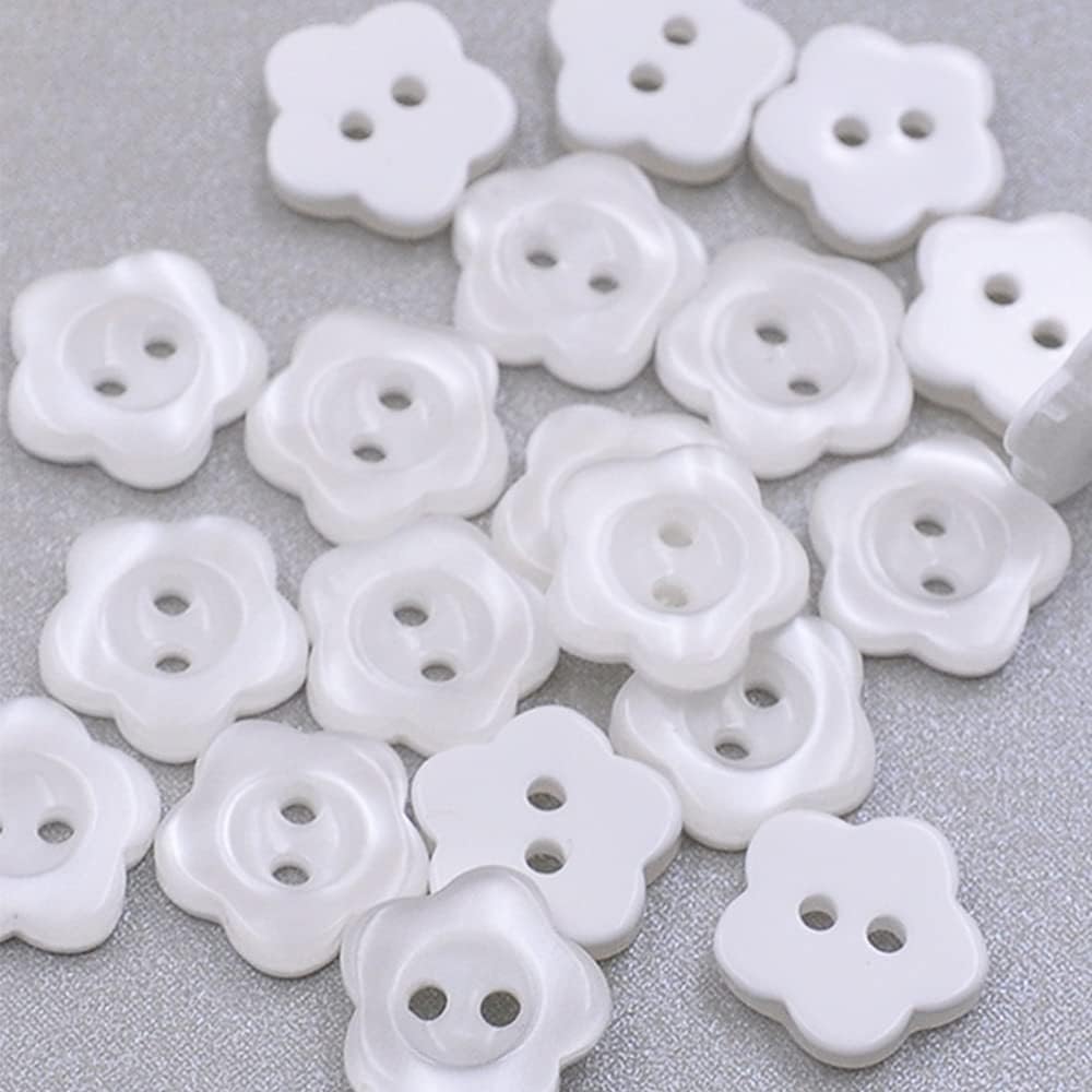 100 Pcs White Pearlescent Buttons 2 Hole Flower Resin Button Sewing Buttons for Baby and Kids Knitting Cardigans DIY Handmade Sewing Crafting Decoration