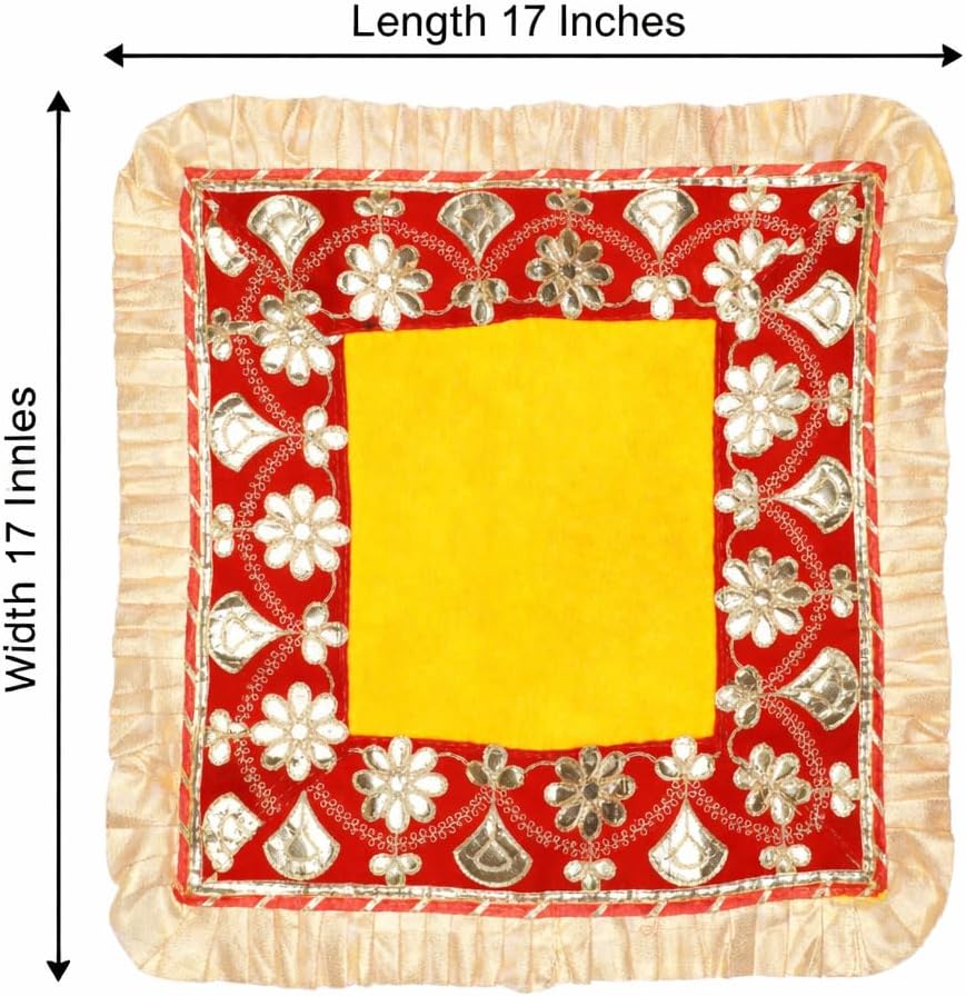 Decorative Mat Aasan Velvet Pooja Cloth Large Cloth (Size: -17 Inches x 17 Inches) for Multipurpose Indian Traditional Ethnic Festival Laxmi Poojan Ganesha Decorations Pooja Item Items (Red, Yellow) image 3