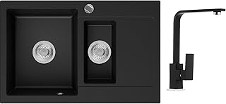 Évier de Cuisine en Granit Noir, 78 x 50 cm, Lavabo 1,5 bac + Mitigeur + Siphon Automatique, 5 couleurs et variantes de robinets, Évier à Encastrer de Primagran