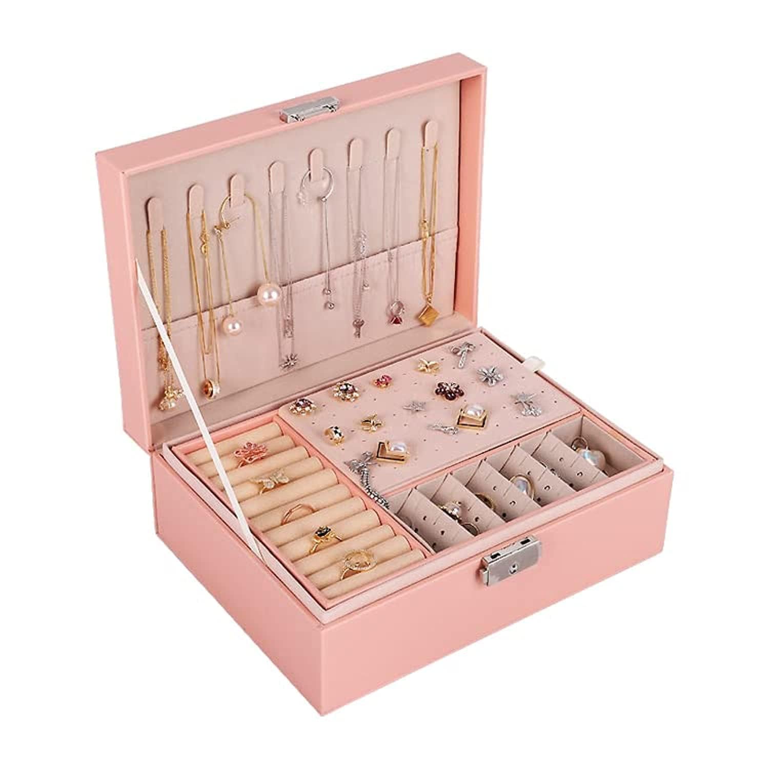 bpabpa Jewelry Box Organizer for Women Girls, Large Travel Leather Storage Box With Two Layers Display For 74 Ear Studs 12 Earrings 8 Necklaces 6 Bracelets & Watches 9 Rings and 9 Extra (Pink)