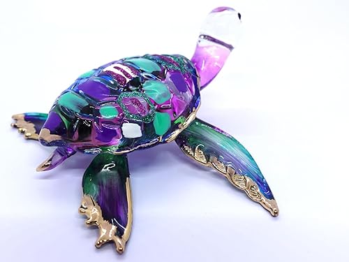 Miniatura 6 de Figuras en miniatura de tortuga, mar, animales, vidrio soplado a mano, regalo coleccionable para decorar el hogar (4 pulgadas, verde y morado)