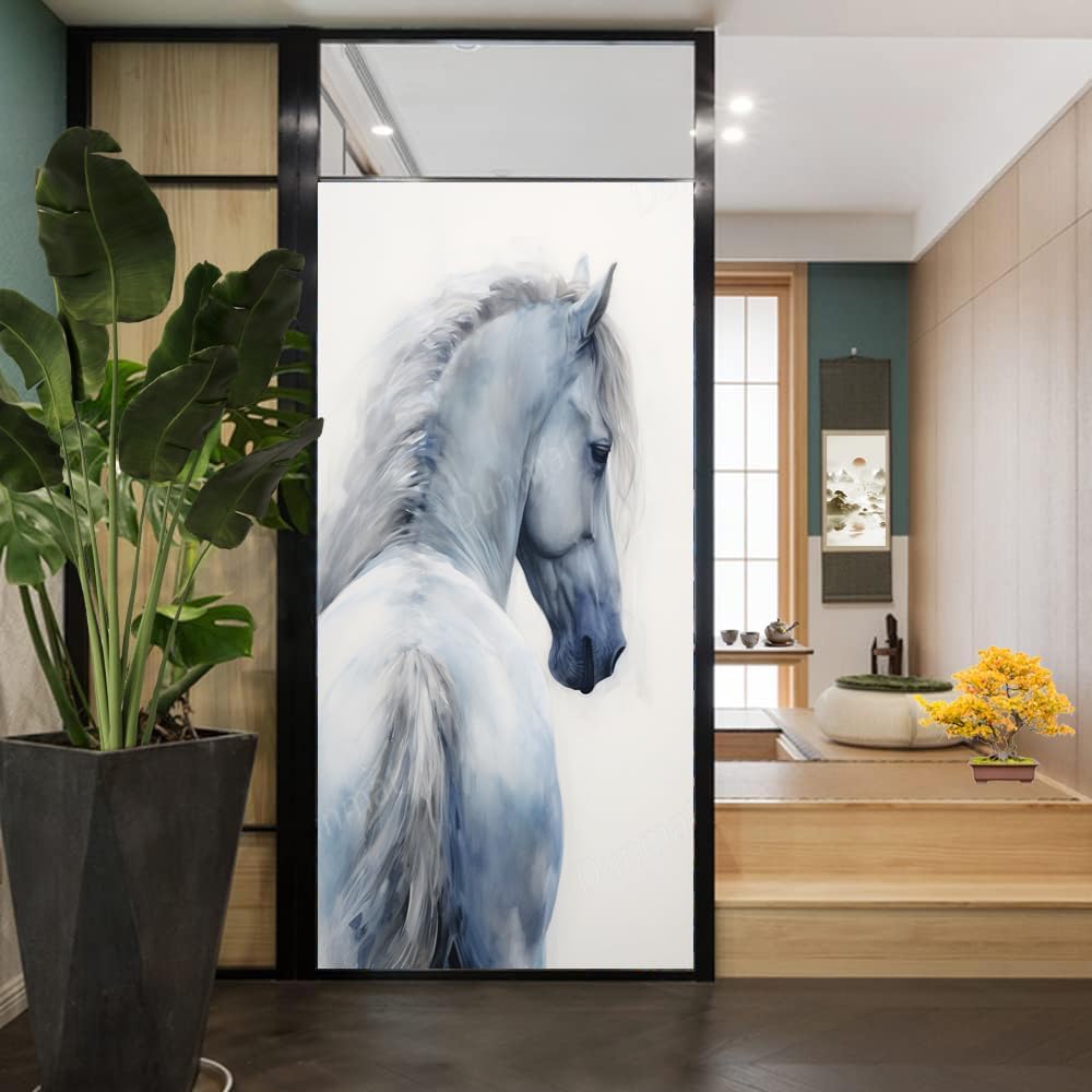 Handsome White Horse Window Privacy Film Watercolor Nature Animal Stained Glass Window Film Sun Blocking Heat Control Decorative Window Covering Film for Home Office 23.6Wx35.4L inch
