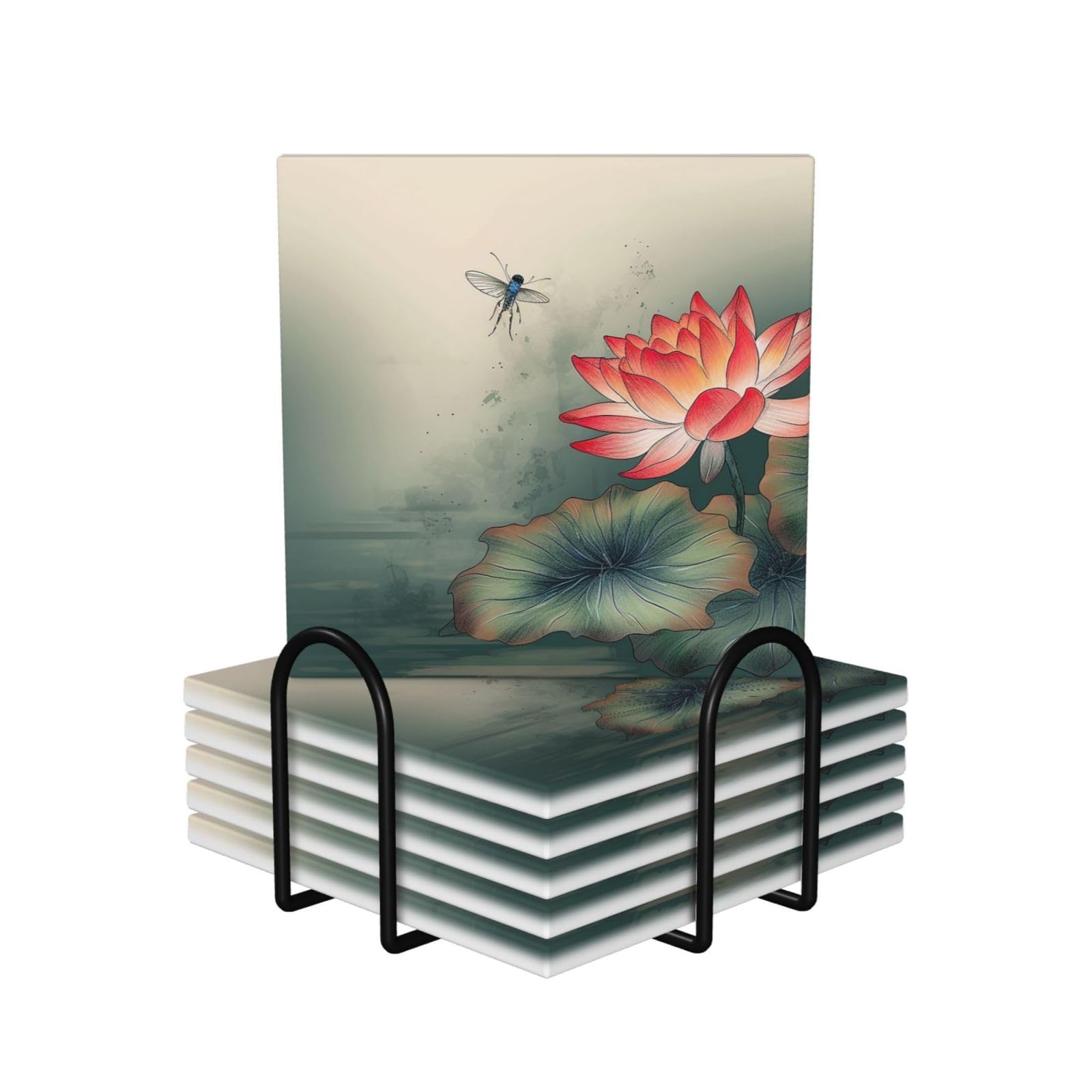 Dessous de verre en céramique fleurs et libellules pour décoration de table basse