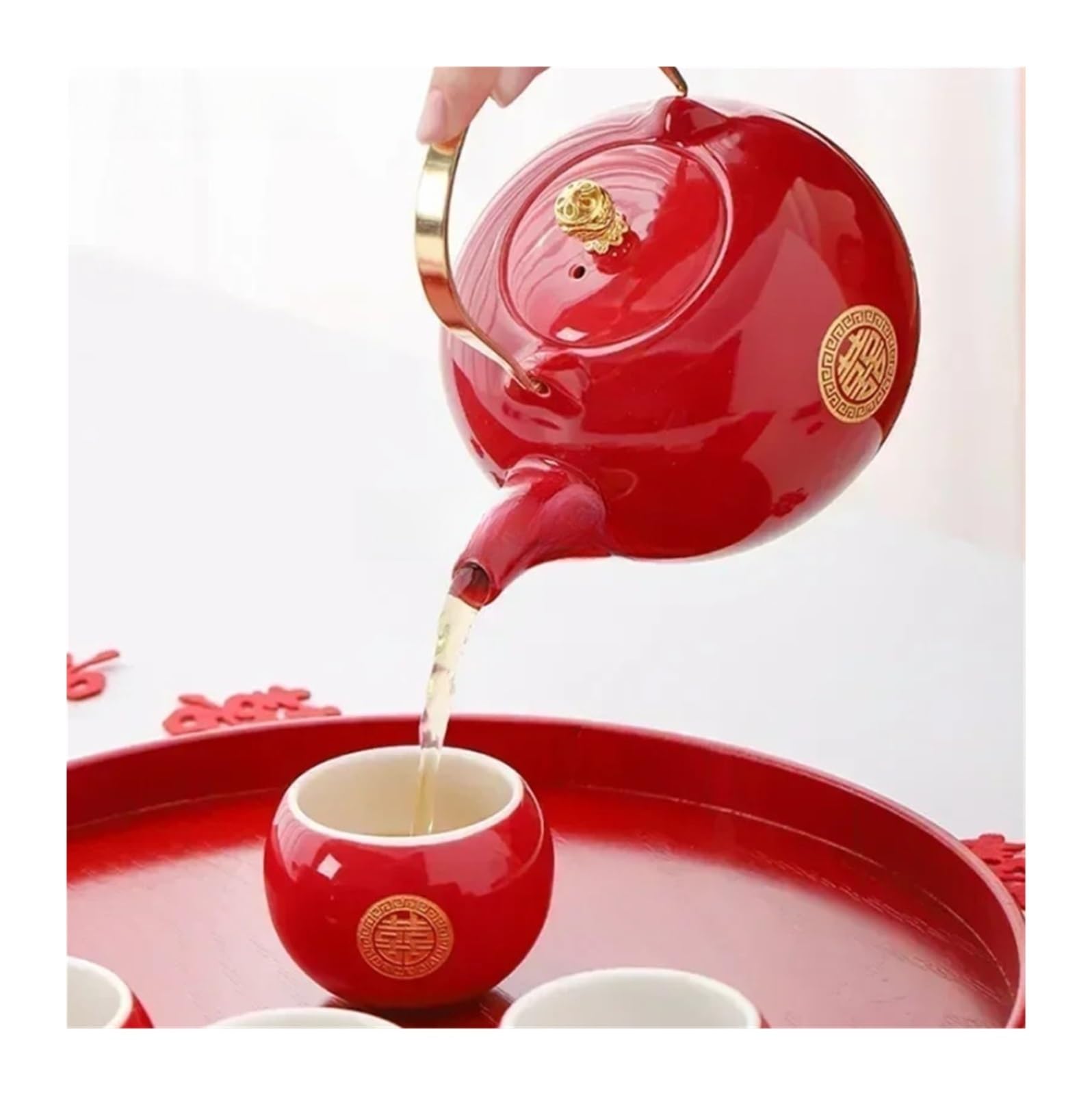 Juego De Té De Cerámica Roja, Juego De Té Chino For Bodas, Tetera Hecha A Mano, Juego De Tazas De Té De Porcelana For El Hogar, Personalizado Y Especial.(D3-6pcs)
