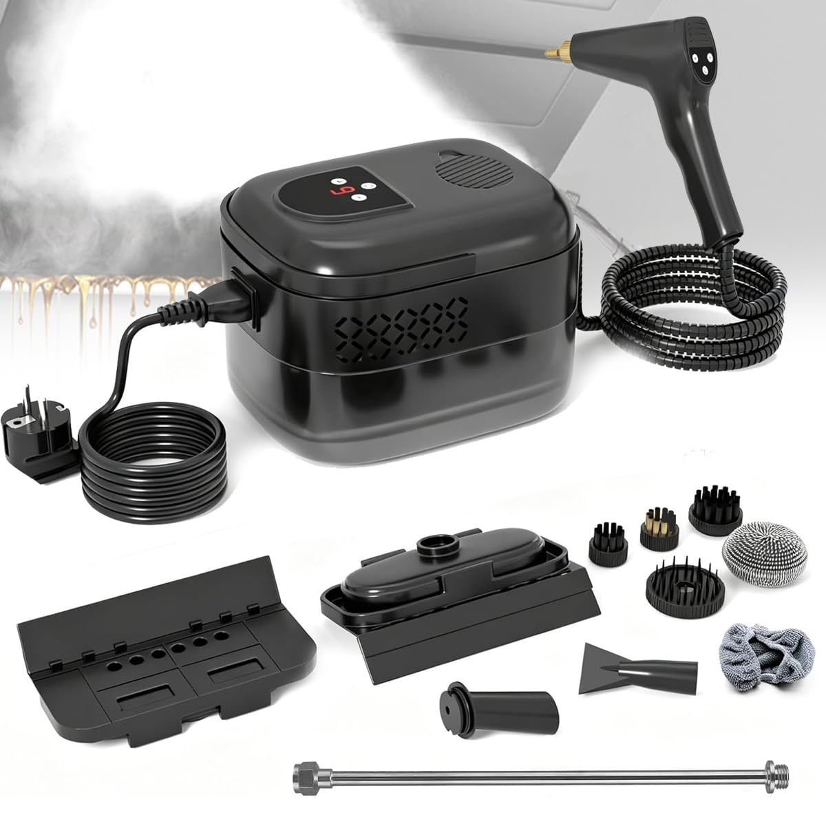 Przenośny parowiec o mocy 2500 W z 6-stopniowym podwójnym sterowaniem i inteligentnym wyświetlaczem, wysokotemperaturowy parowiec pod ciśnieniem ze zbiornikiem(Black)