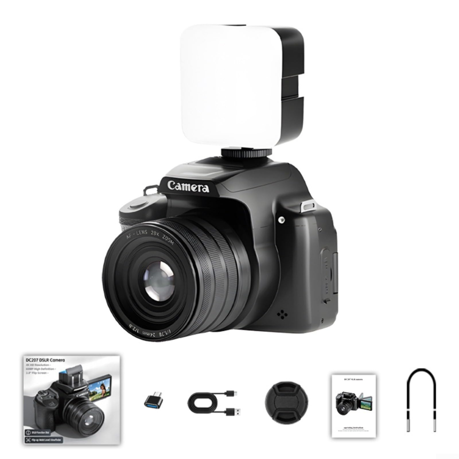 Fotocamera digitale da 68 MP con video 4K 60 FPS, zoom 28X e schermo flip per vlogging selfie, HD ricaricabile di tipo C per kit videocamera (specchio polarizzatore fotocamera)