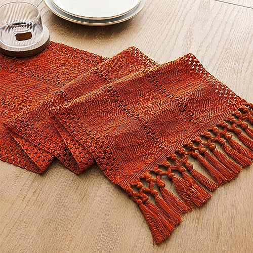 Image of ZeeMart Macrame Style Boho Table Runner, Burnt Ochre Fall Table Runners 48 Inches Long, Farmhouse Woven Home Decor, 12x48 Inch, Dark Orange
