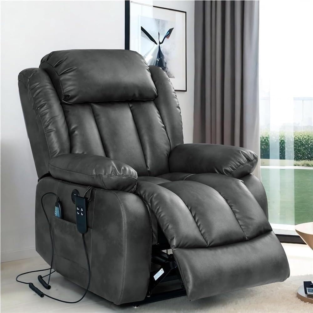 Dual Motor Power Lift Recliner Chair for Elderly Adults, Electric Leather Recliner Sofa with Heat & Massage, Infinite Position Adjustable Lay Flat Seat