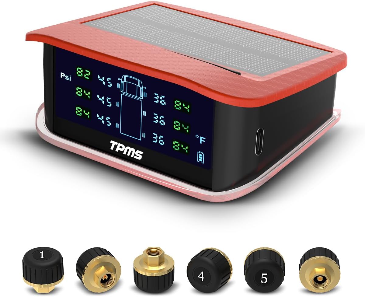 FINDAUTO Tire Pressure Monitoring System, Tire Pressure Monitor System with 6 Sensors & 5 Alarm Modes, TPMS with Color LCD Display & Solar Charge, 0-198PSI (Red)