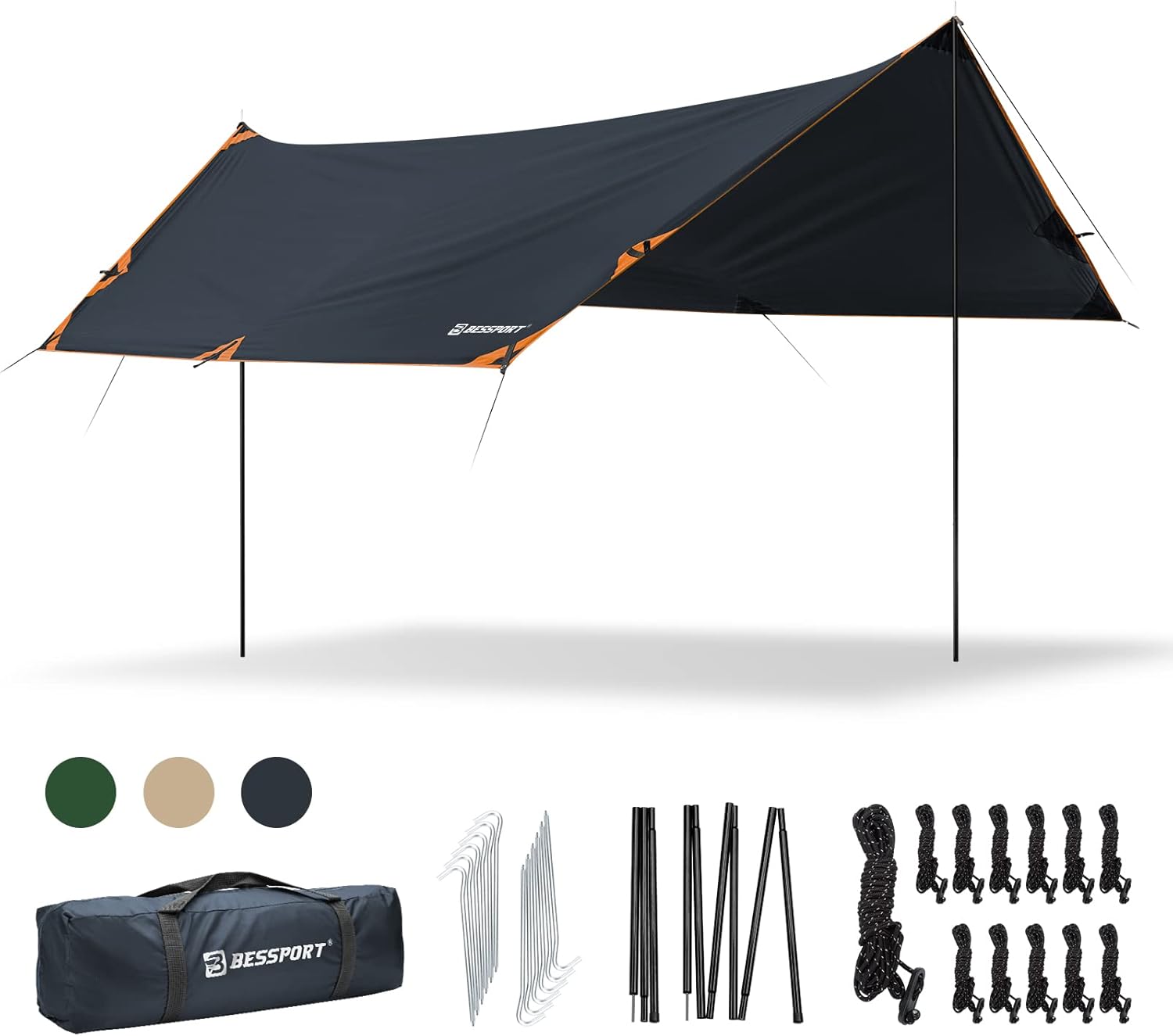 Bessport Camping Tarp, 16×9.8FT with 2 Poles, Portable Multifunctional Backpacking, PU 3000mm Waterproof Rain Fly Hammock Tarp for Outdoor,Traveling, Hilking