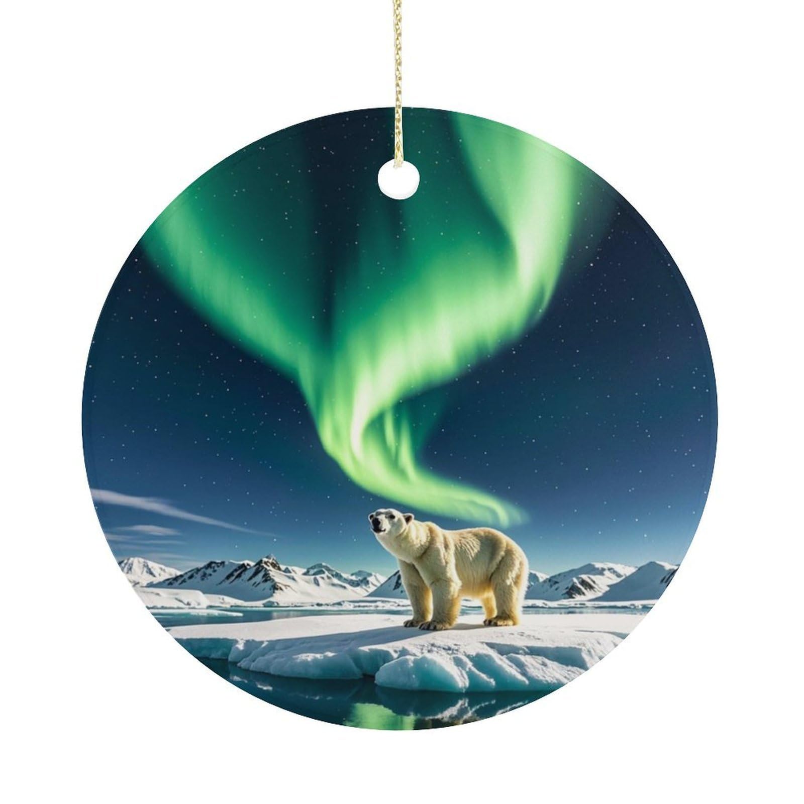 Personalized Christmas Ornaments 2025 Ceramic Hanging Northern Lights Polar Bear Ornaments with Gold String Double-Sided Vintage Holiday Decorations for Tree Mantel Tabletop Xmas Party Favors
