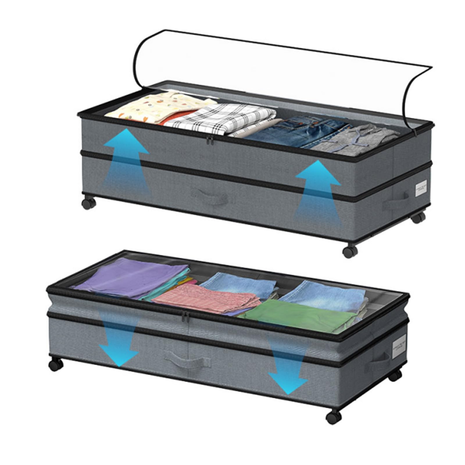 2 Pezzi Contenitori Sottoletto con Ruote, Organizer Contenitore Vestiti Telaio in Metallo con Finestra Trasparente, Extra Large da 70 L, per Giocattoli, Coperte, Vestiti