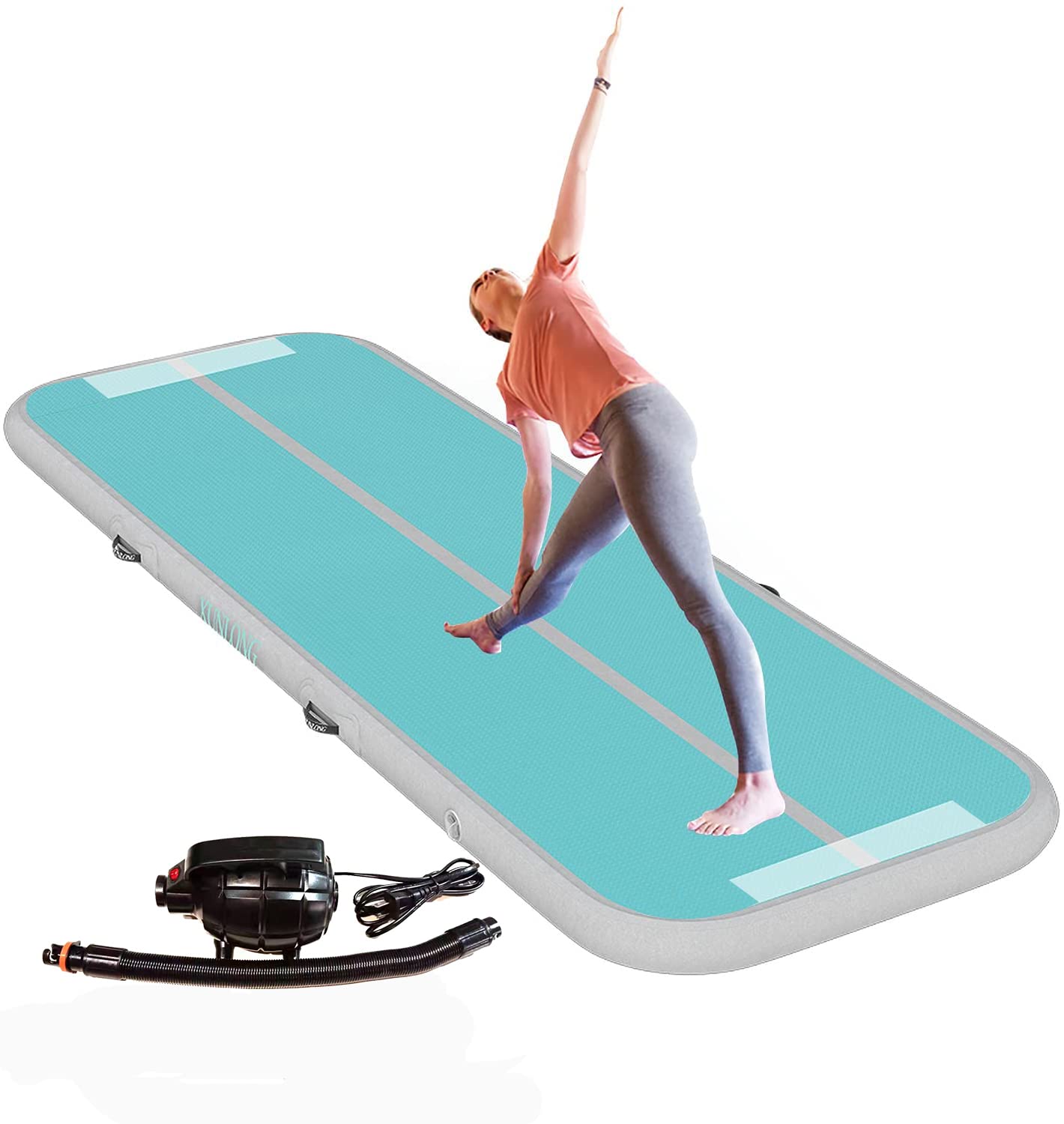 Photo 1 of XUNLONG Air Mat Tumble Track 4/8 inchs Thickness Inflatable Gymnastics Training Mat 10ft/13ft/16ft/20ft with Electric Air Pump for Cheerleading/Training/Water Fun/Park/Home use Gray+Green 10ft×3.3ft×4in?3×1×0.1m)