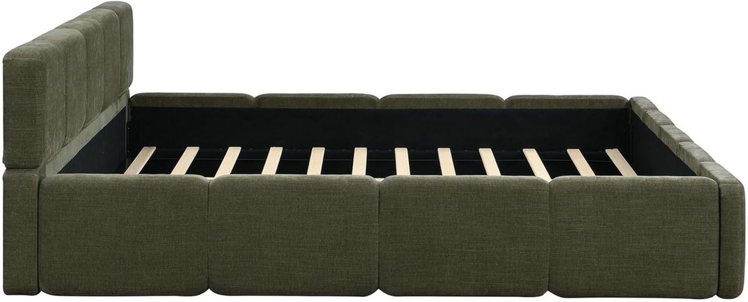 Upholstered Floor Platform Bed with Thick Headboard, California King Size Linen Bed Frame with Thick Footboard, Block Style Grounded Beds for Bedroom, No Box Spring Needed, Green