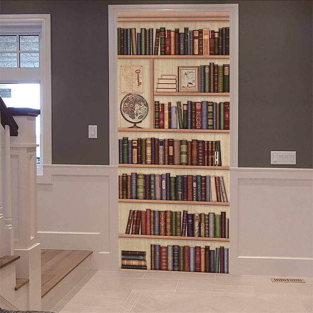 Adesivi per Porte 90x215cm Libreria Adesivo Porta Interna Semplicità 3D Pellicola Adesiva Carta da Parati Soggiorno Bagno Autoadesivo Porta Murale Decorazione