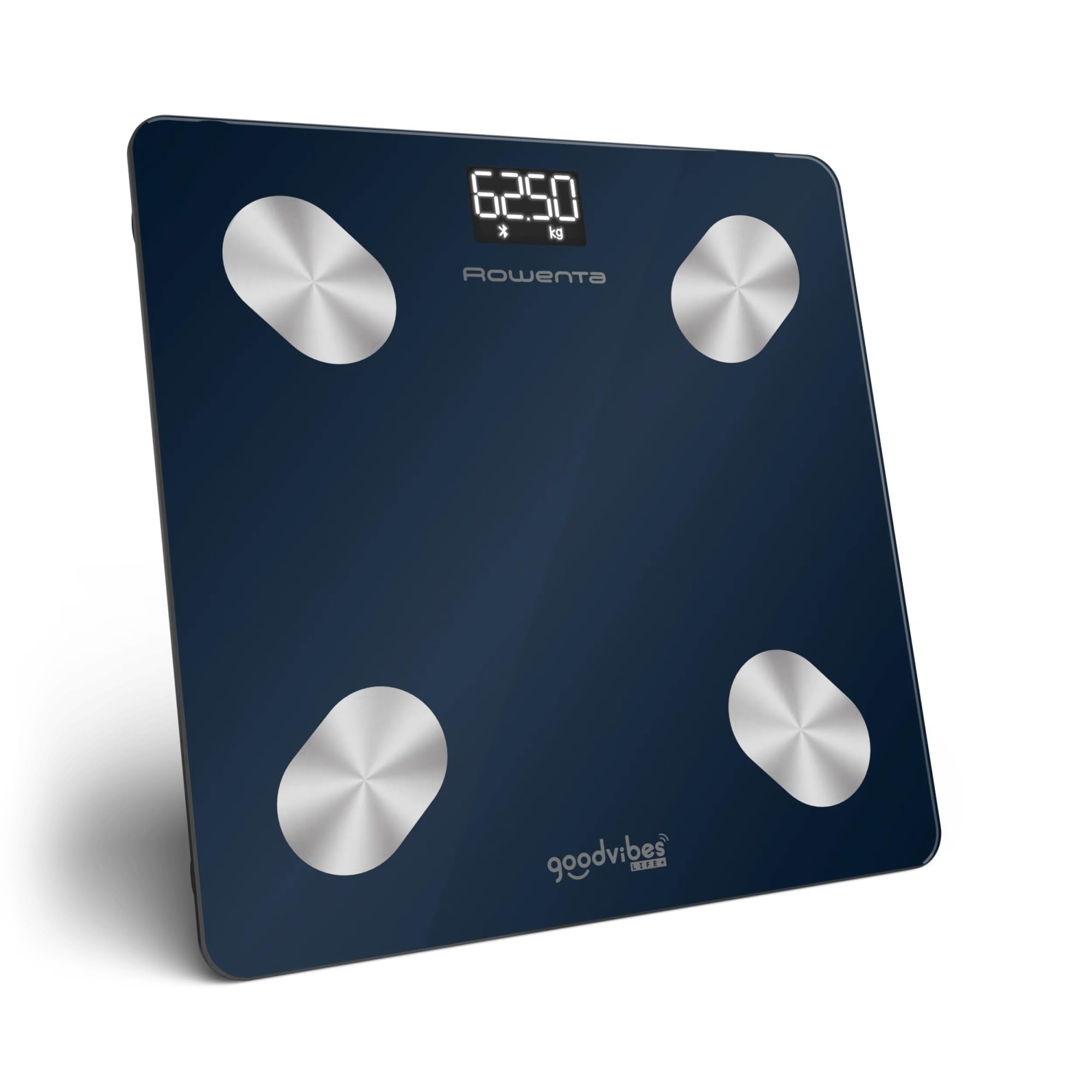 Rowenta Goodvibes Life+ 2.0, Bilancia con Schermo LED Facile da Leggere, Capacità 180 kg, Misura 15 Indicatori Corporei, Design Eleganti, Utenti Illimitati, Colore Wanted Blue, BR9720
