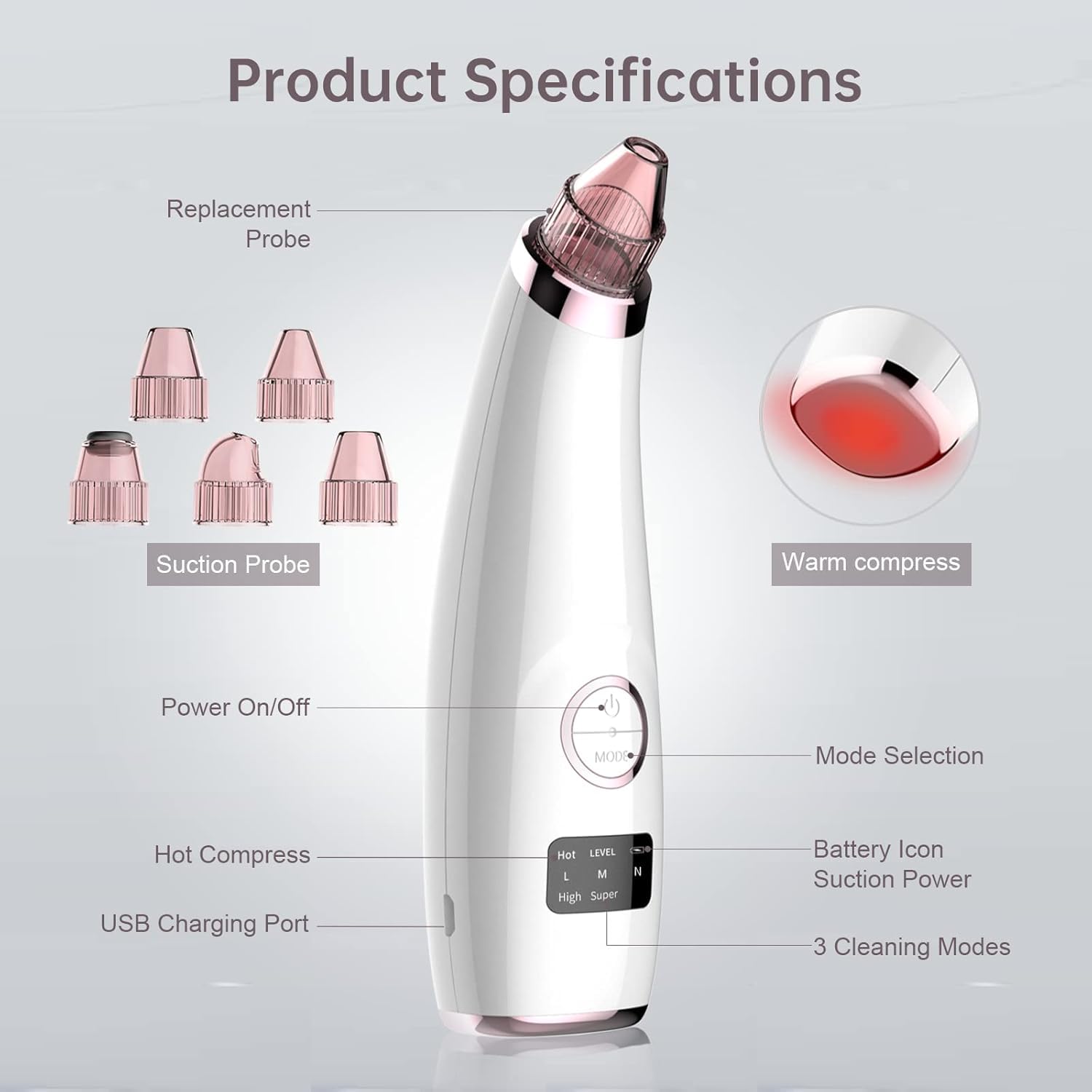 Annmiir Aspirateur Pour Points Noirs, 5 Modes d'aspiration, Rechargeable par USB, Outils Pour éliminer les Points Noirs avec 5 têtes d'aspiration, Aspirateur Pour Pores, Boutons d'acné