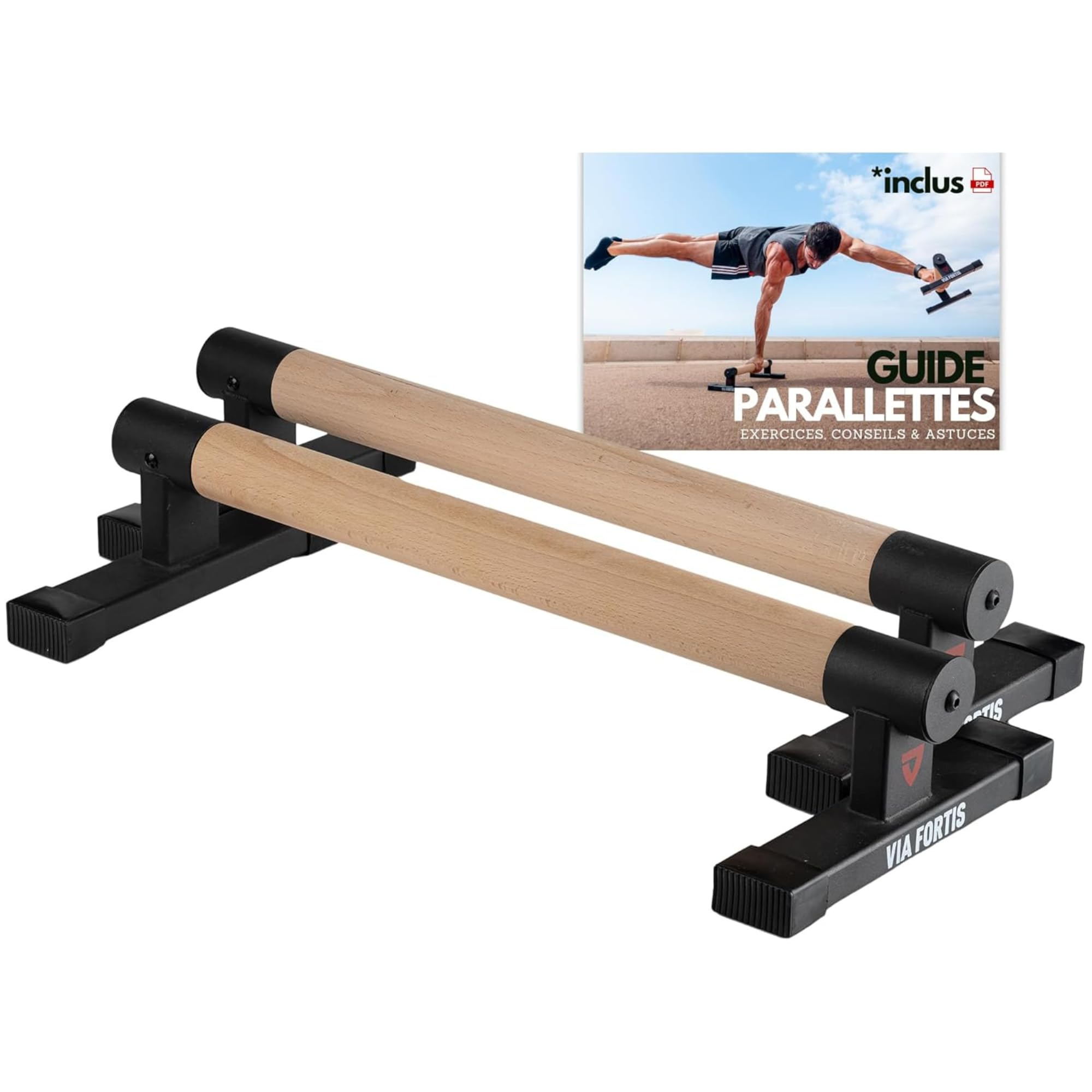 VIA FORTIS - Parallettes Basses Pro - Base Antidérapante - Barres Parallèles pour Calisthenics, Street Workout, Fitness, Gymnastique, Pompes, Dips - Accessoire de Musculation Léger - Capacité 500kg