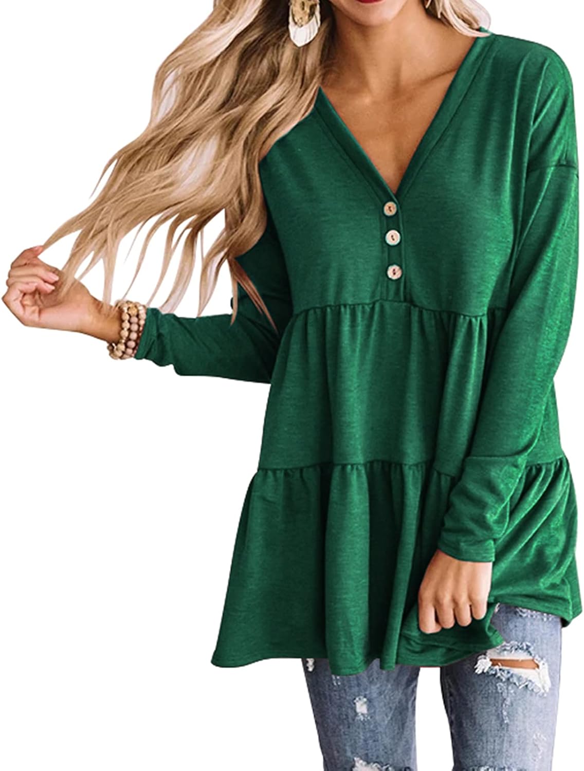 FeelinGirl Women's Long Sleeve V Neck Tops Button Up Ruffle Babydoll Tunic Tops Green