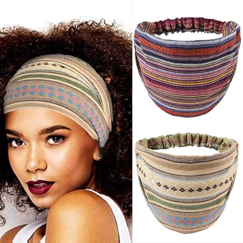 Fashband Boho-Stirnbänder im Vintage-Stil, gestreift, elastisch, Yoga-Haarschmuck für Damen und Mädchen, 2 Stück Fashband Boho-Stirnbänder im Vintage-Stil, gestreift, elastisch, Yoga-Haarschmuck für Damen und Mädchen, 2 Stück