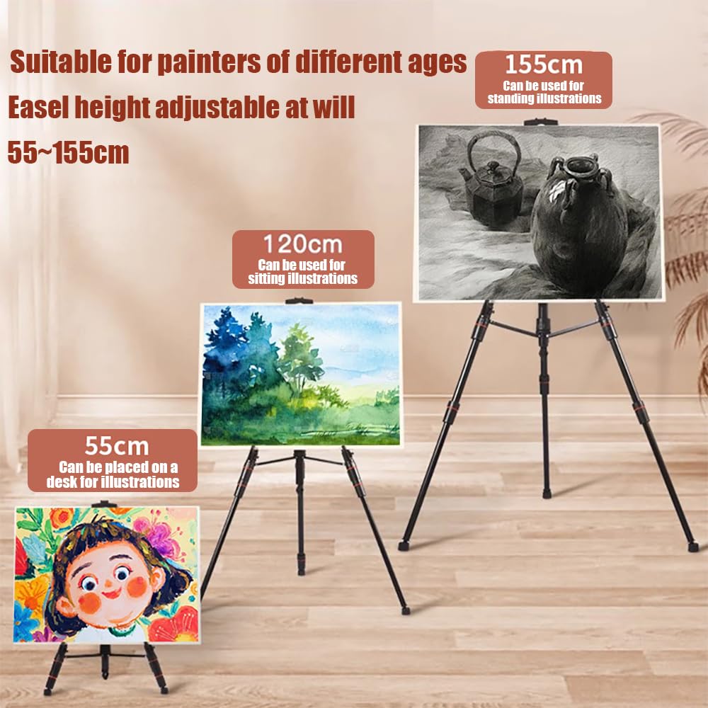 Staffelei Groß,50-155 Cm Lang,Atelierstaffelei, Künstlerstaffelei,Höhenverstellbar, Mit Wasserwaage,Klappbare Staffelei Mit Tragetasche, Ideal Für Poster,Leinwände Und Ausstellungen