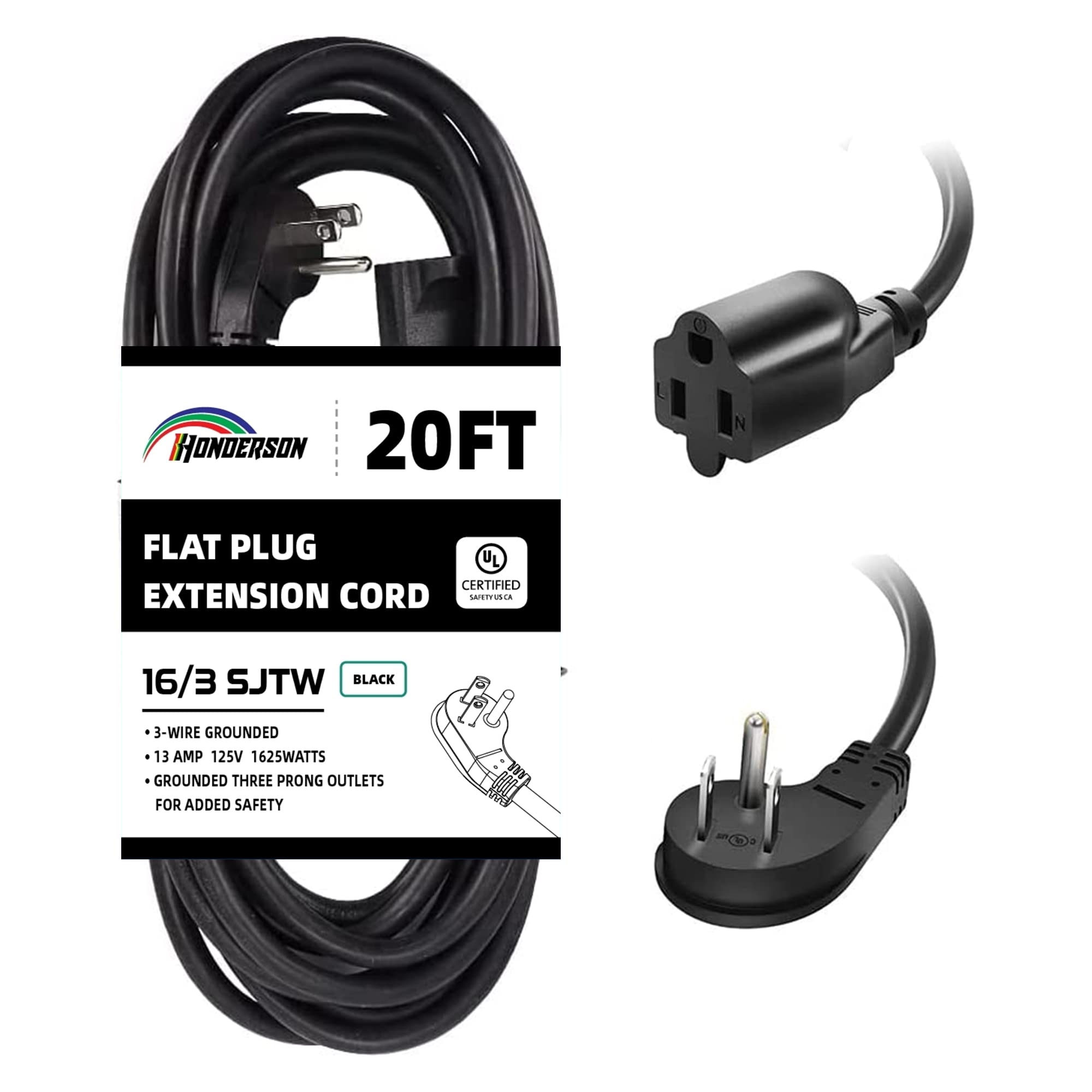 Flat Plug Indoor Extension Cord, UL Listed, 16 Gauge 20FT Black 3 Prong Heavy Duty Extension Cord, 16/3 SJTW 13A Power Extension Cord for Lights, Appliances, Home