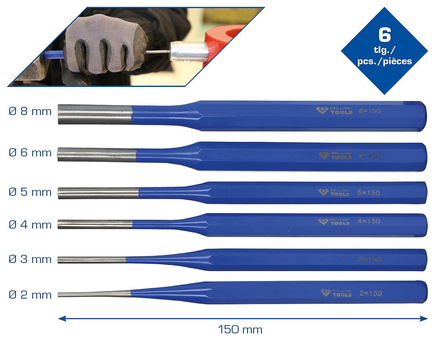 BRILLIANT TOOLS BT085006 Juego de botadores para pasadores, 6 pzs [Powered by KS TOOLS]