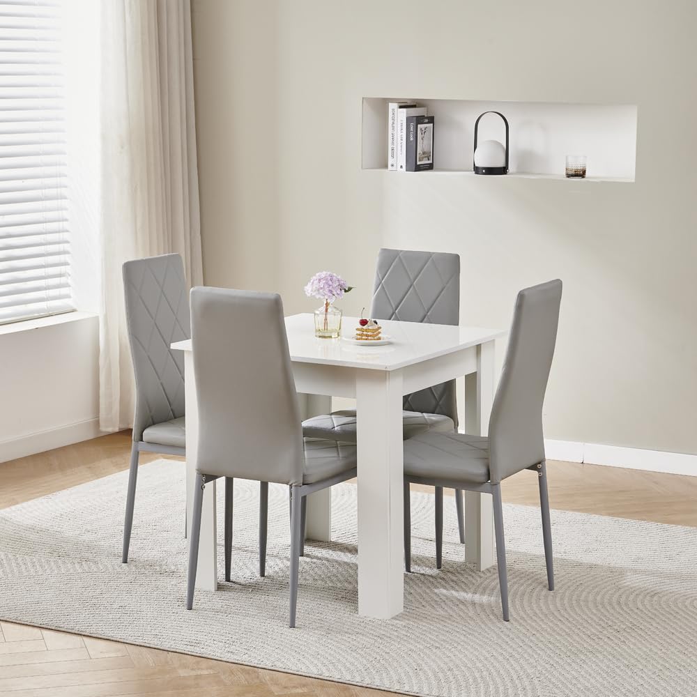 Homullel 75x75 cm Small Dining Table and 4 Chairs, 4 Seater Table and Chairs Set Kitchen Dining Room Set for 4, Compact, Space Saving, Wooden, Glossing Tabletop White (4 Seats, Faux Leather Grey #2)