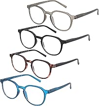 ZENOTTIC - Paquete de 4 anteojos de lectura redondos con bloqueo de luz azul, antidolor de cabeza/deslumbramiento/anteojos para ordenador
