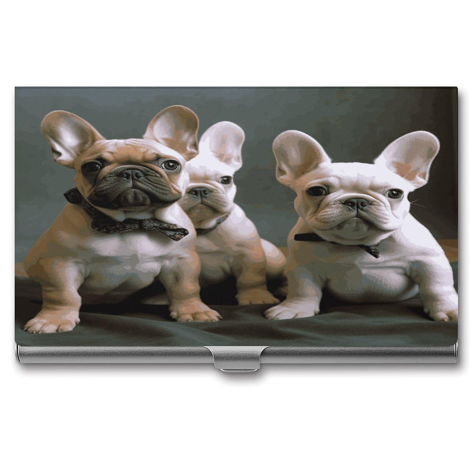 JTREHY French Bulldog Puppies Business Card Holder Slim Purse Name Card Holder Portable Metal Business Card Case Wallet Large Capacity Lightweight Business Card Case for Men Women