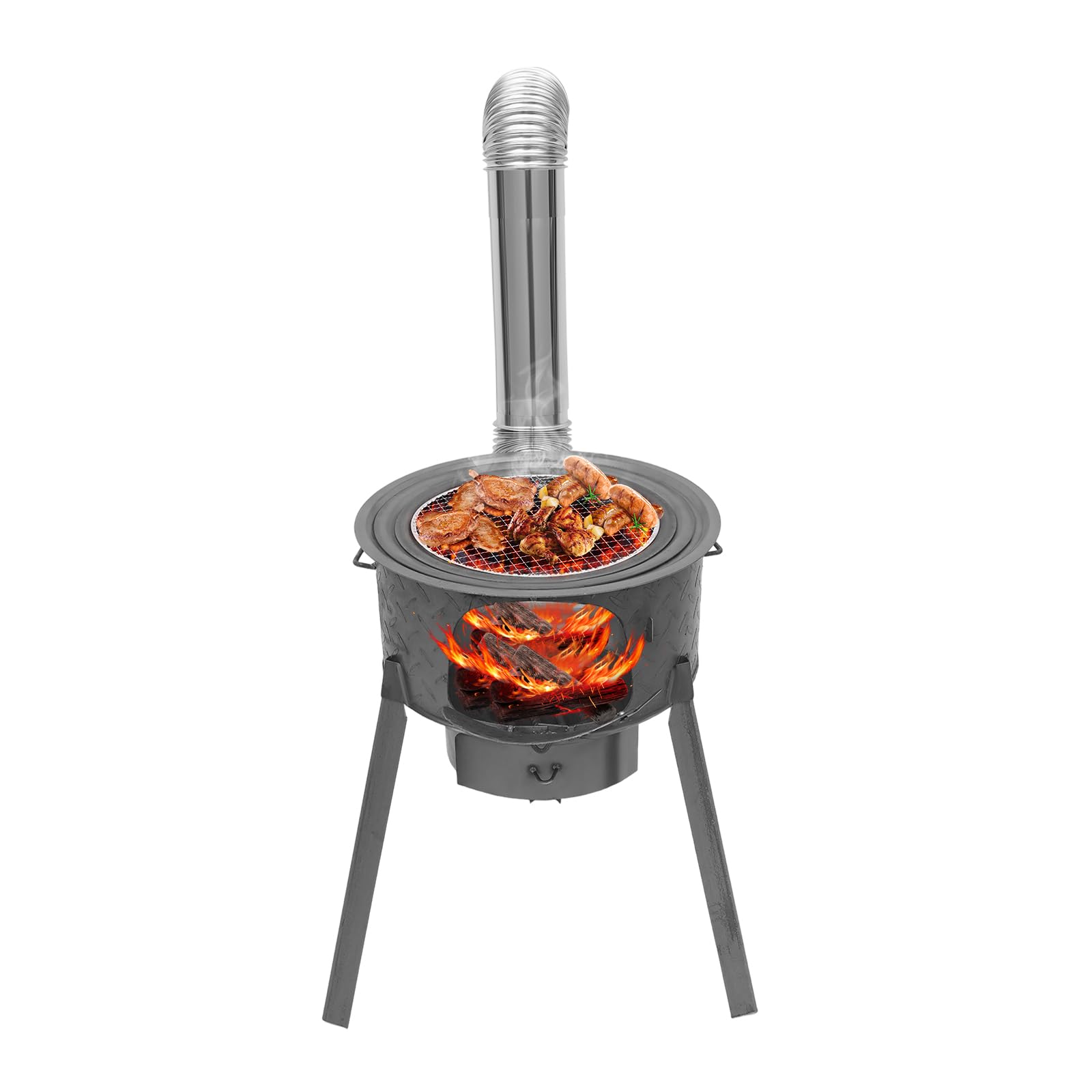 Estufa de leña portátil con 3/4 anillos de cocción y caja de cenizas. Patas desmontables. Estufa de chapa de acero resistente con ventilación y chimenea. Estufa de leña para camping, picnic y cocina