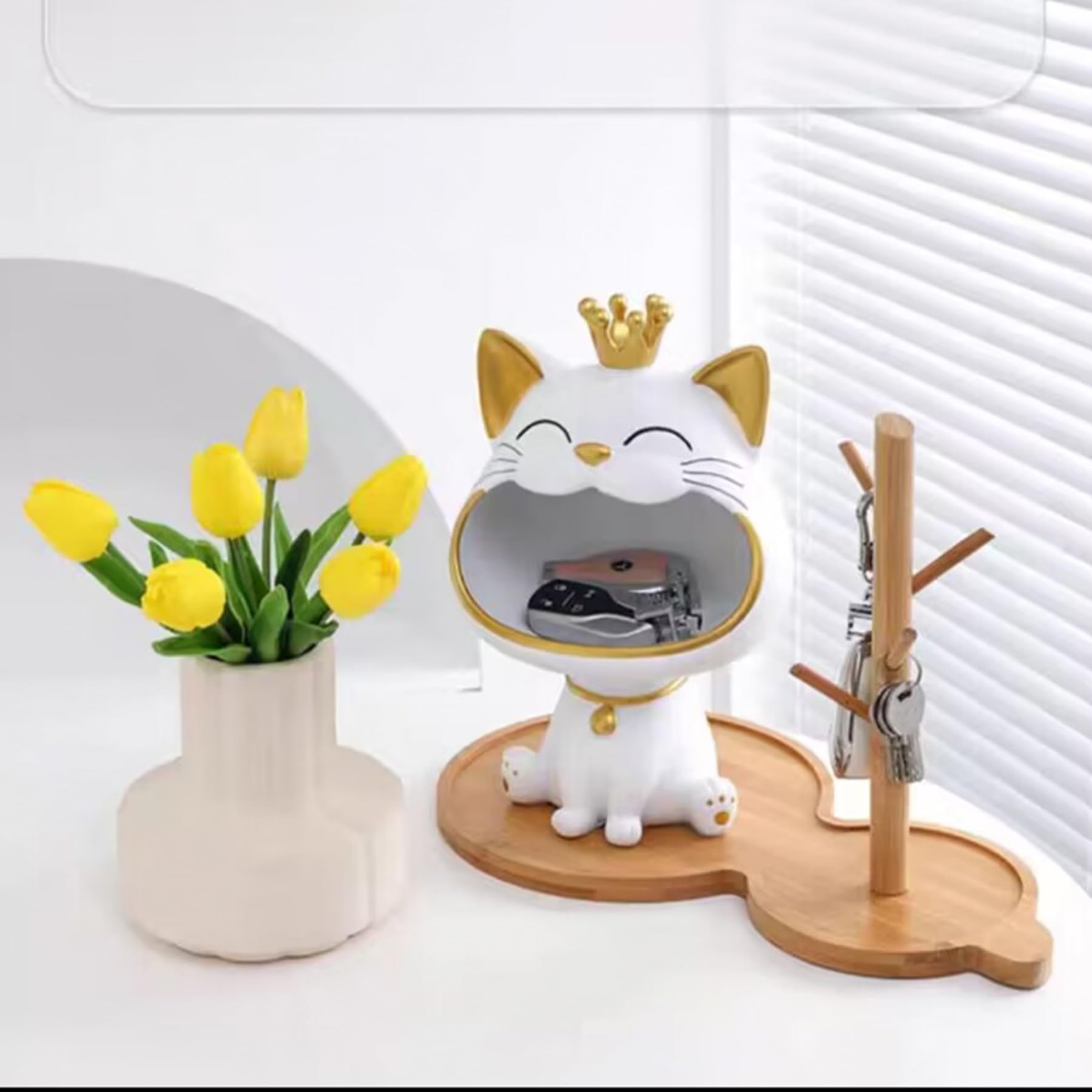 Statua di Gatto Fortunato, Decorazione per Casa e Ingresso, con Gatto che Ride e Chiavi, Scatola per Piccoli Oggetti (Bianco)