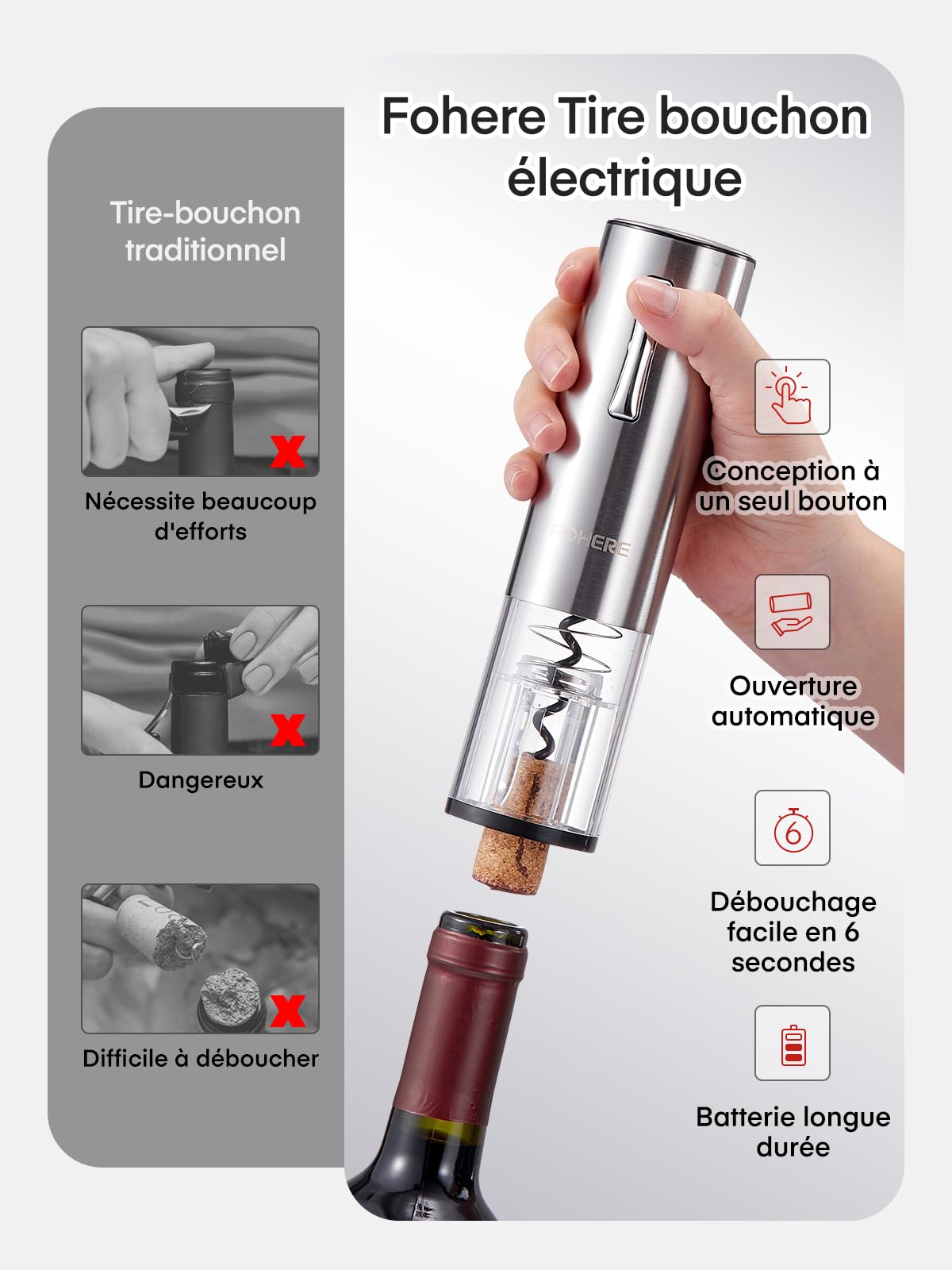 FOHERE Tire Bouchon Électrique Rechargeable, Ouvre Bouteille Electrique avec Socle Chargeur, Coupe-Capsule, Aérateur de Vin, Bouchon en silicone sous vide, Câble USB