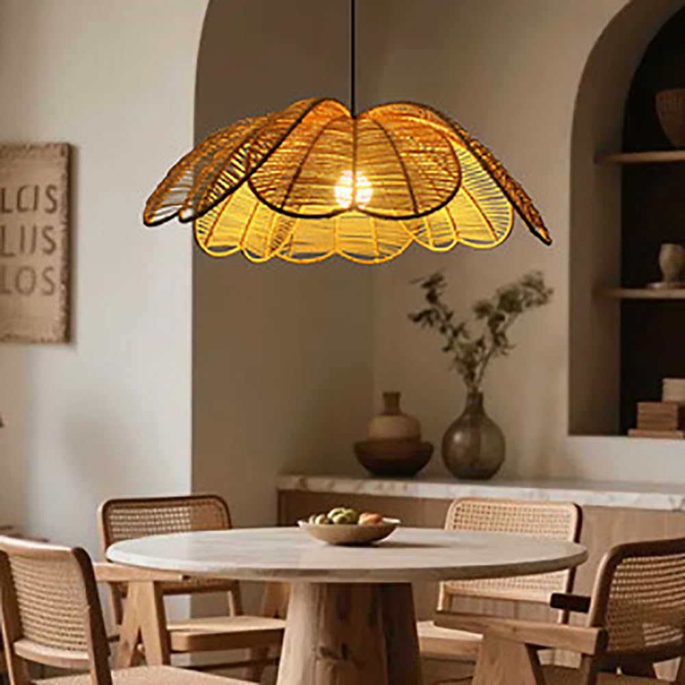 XQIDIANAA Beige Boho Coastal Rattan Pendant Light Woven Rattan Chandelier Wicker Ceiling Light Pendant Lampshade for Dining Room Hallway Foyer