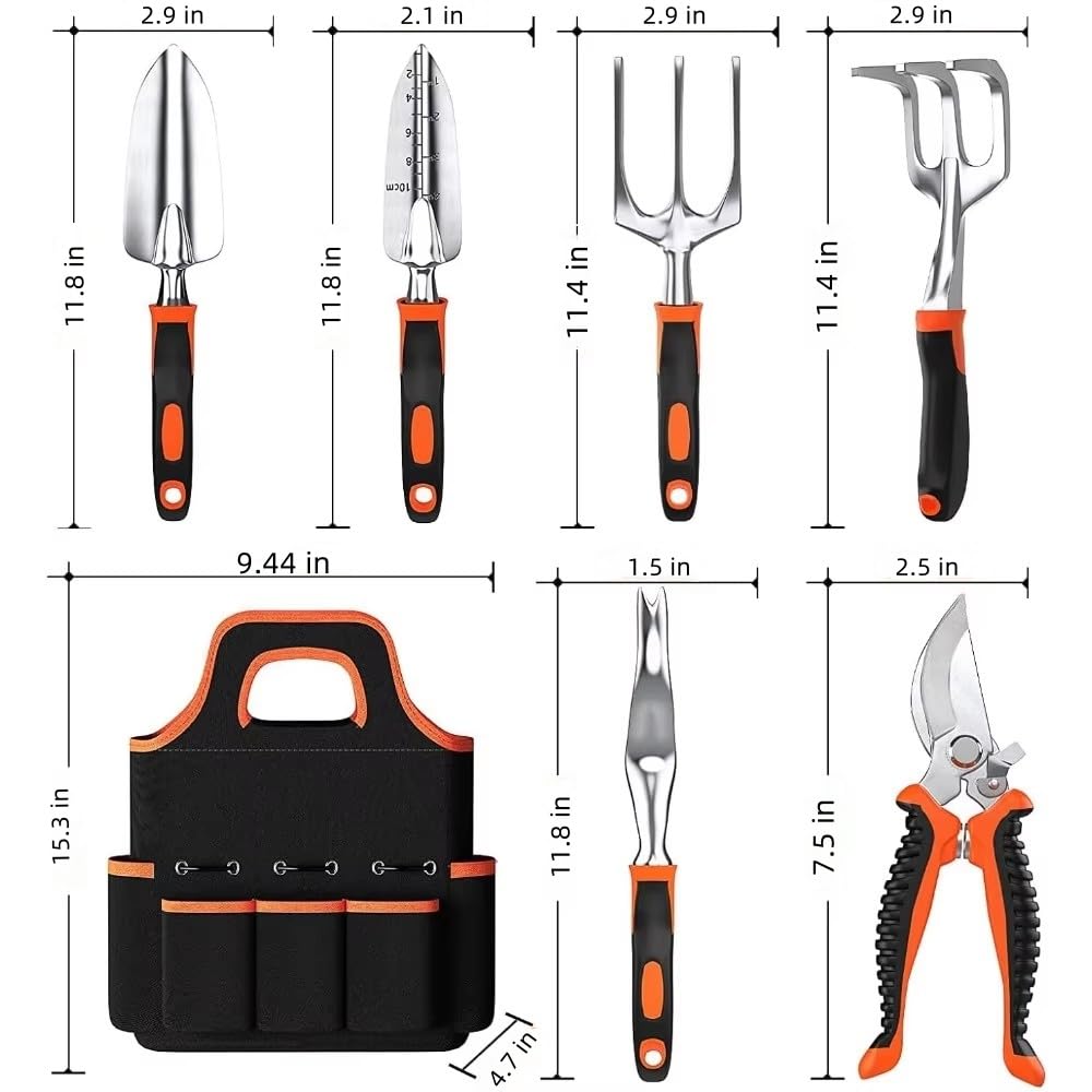 Set di attrezzi da giardino, 8 pezzi, kit di attrezzi da giardino resistente, con utensili manuali per esterni, guanti da giardino e borsa portaoggetti, attrezzi da giardinaggio, regalo per donne e