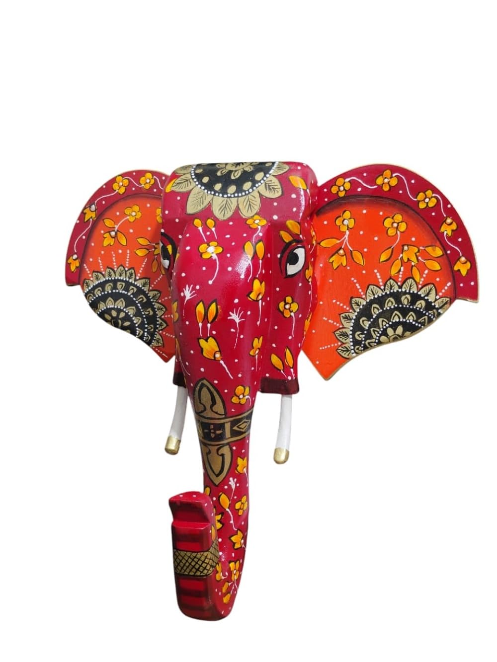 Inspirational Gifting Jaipur Indian Elephant Head Wall Hanging Sculpture Ornament with Hand Painted Motifs on Mango Wood