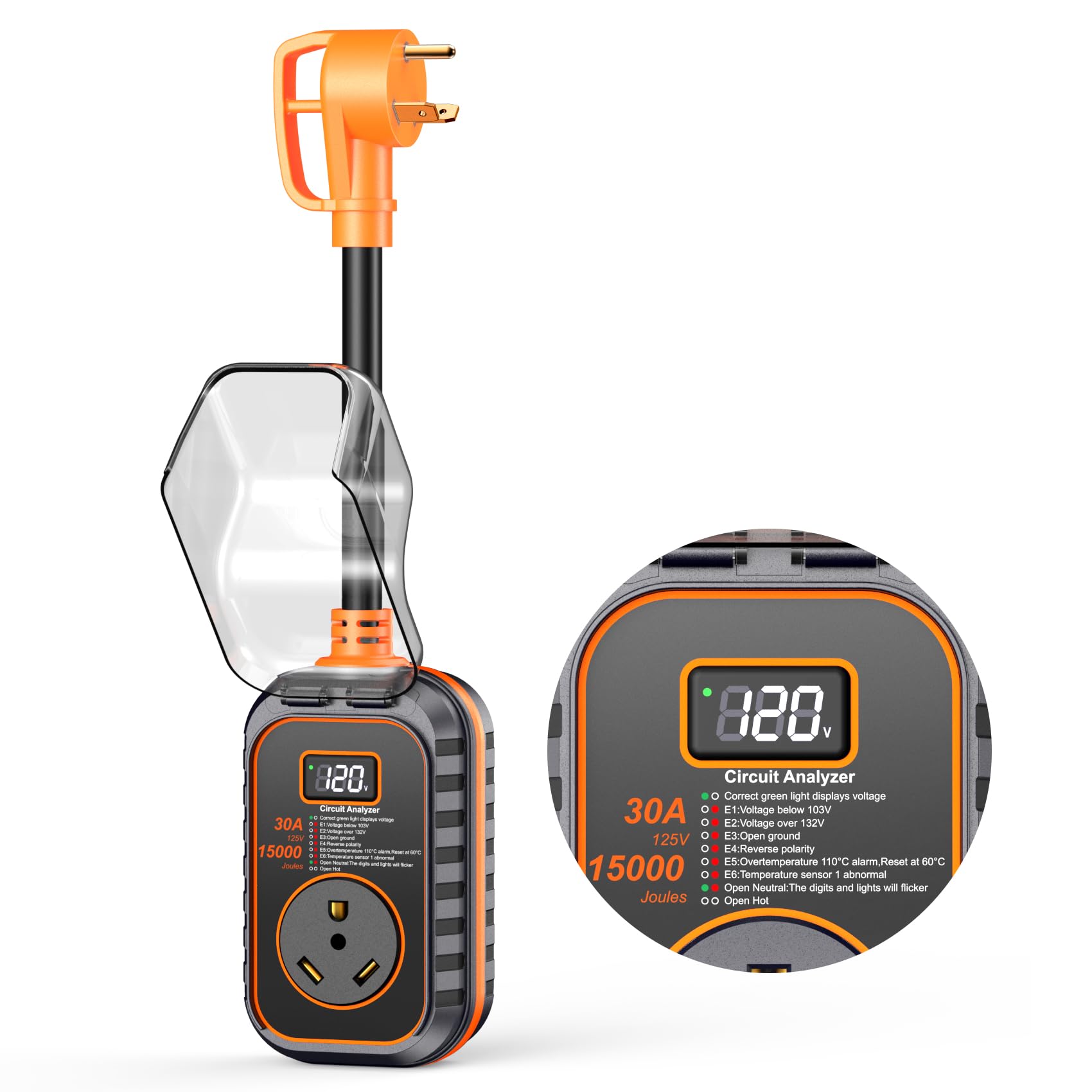 GEARGO 30암페어 RV 서지 프로텍터, 지능형 LED 디스플레이가 있는 15000J RV 회로 분석기, 캠핑카 여행 트레일러용 방수 커버가 있는 IP68 RV 어댑터 플러그