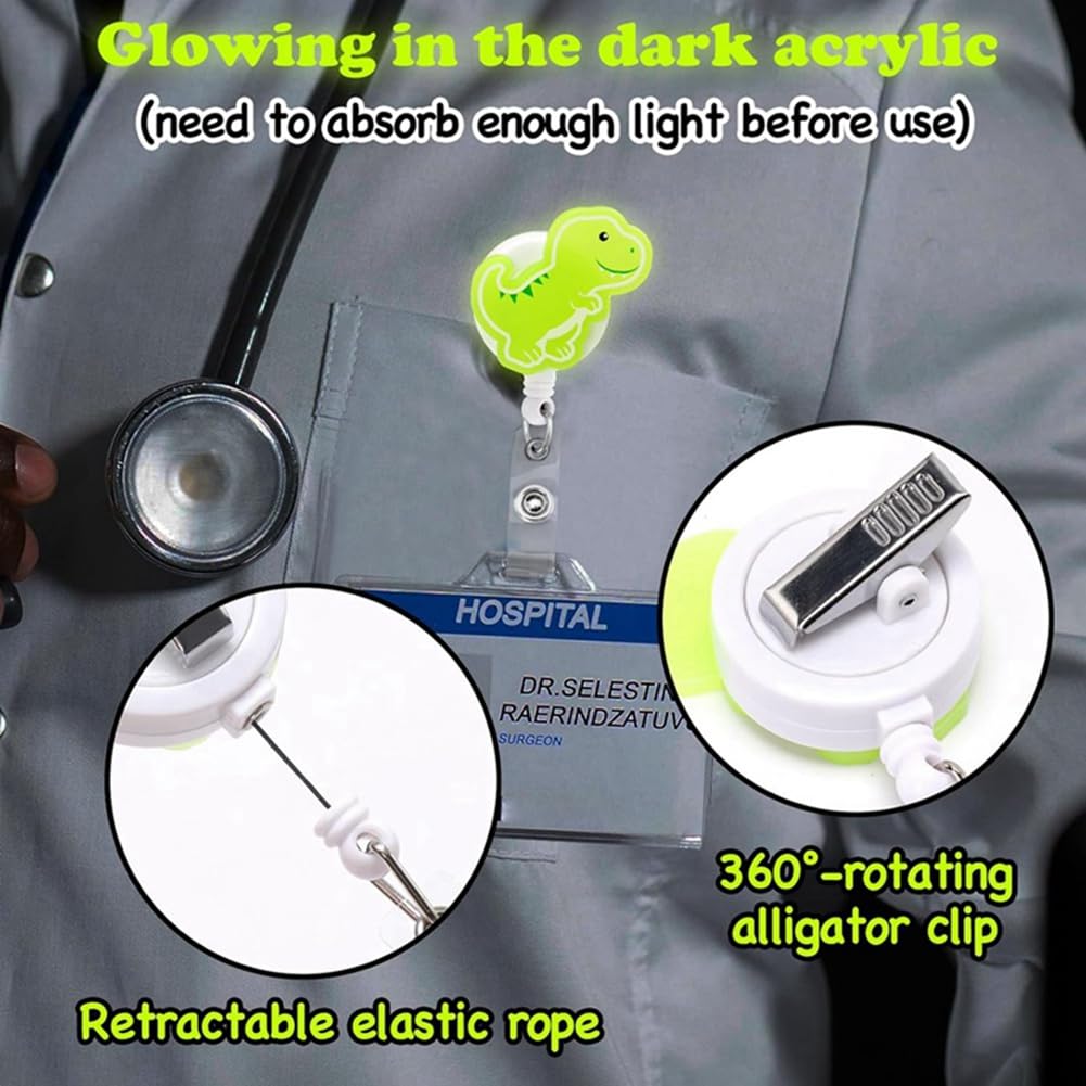Fowecry Dinosaur Badge Reels 5PCS Glowing in The Dark Nurse ID Badge Holder Retractable Clip Night Shift Badge Gifts Easy Install - Image 4