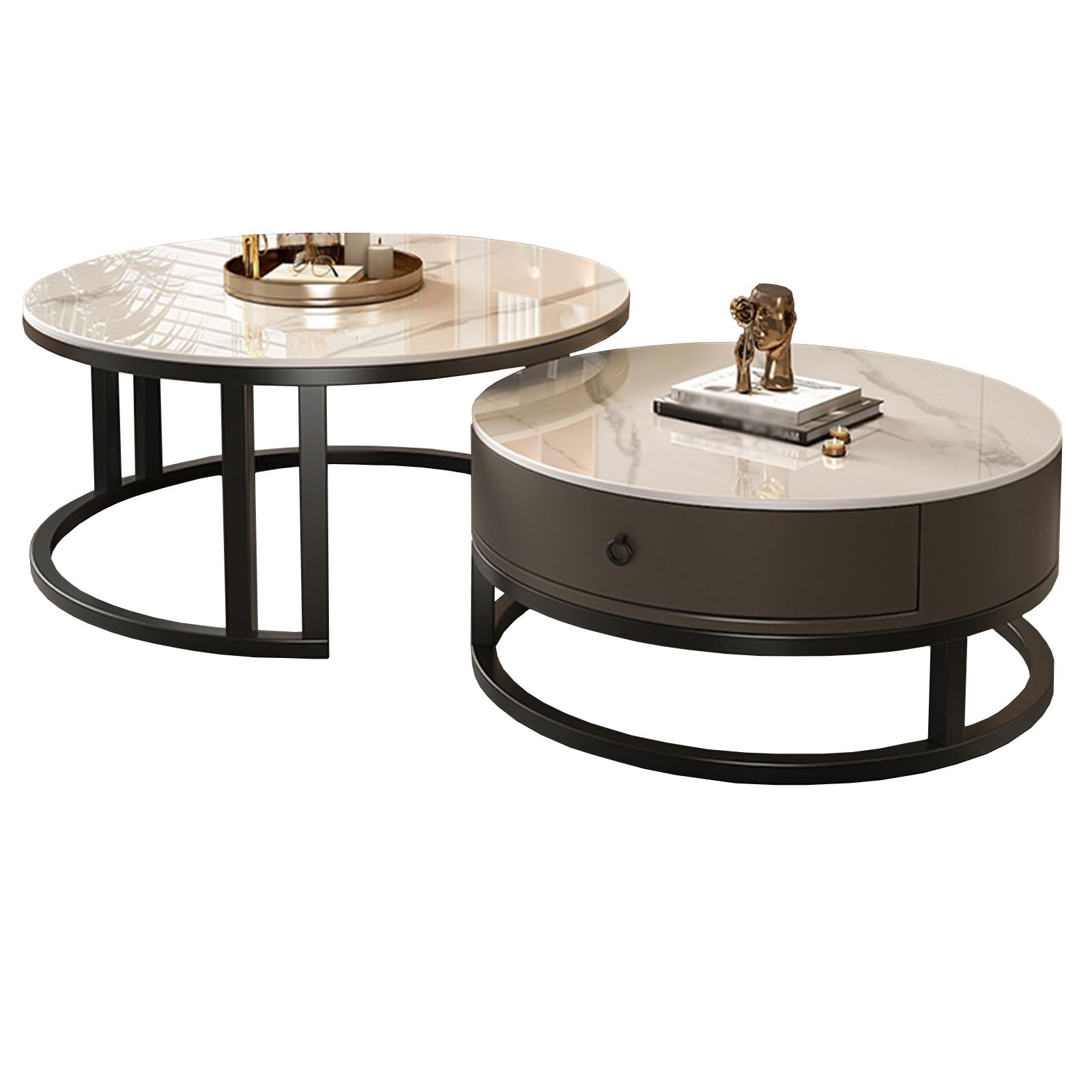 SXZenSpace Nesting Coffee Table Set of 2, Round Tables for Living Room with Drawer, Modern Side Metal Frame Accent, Room, Apartment(Multi-colored)