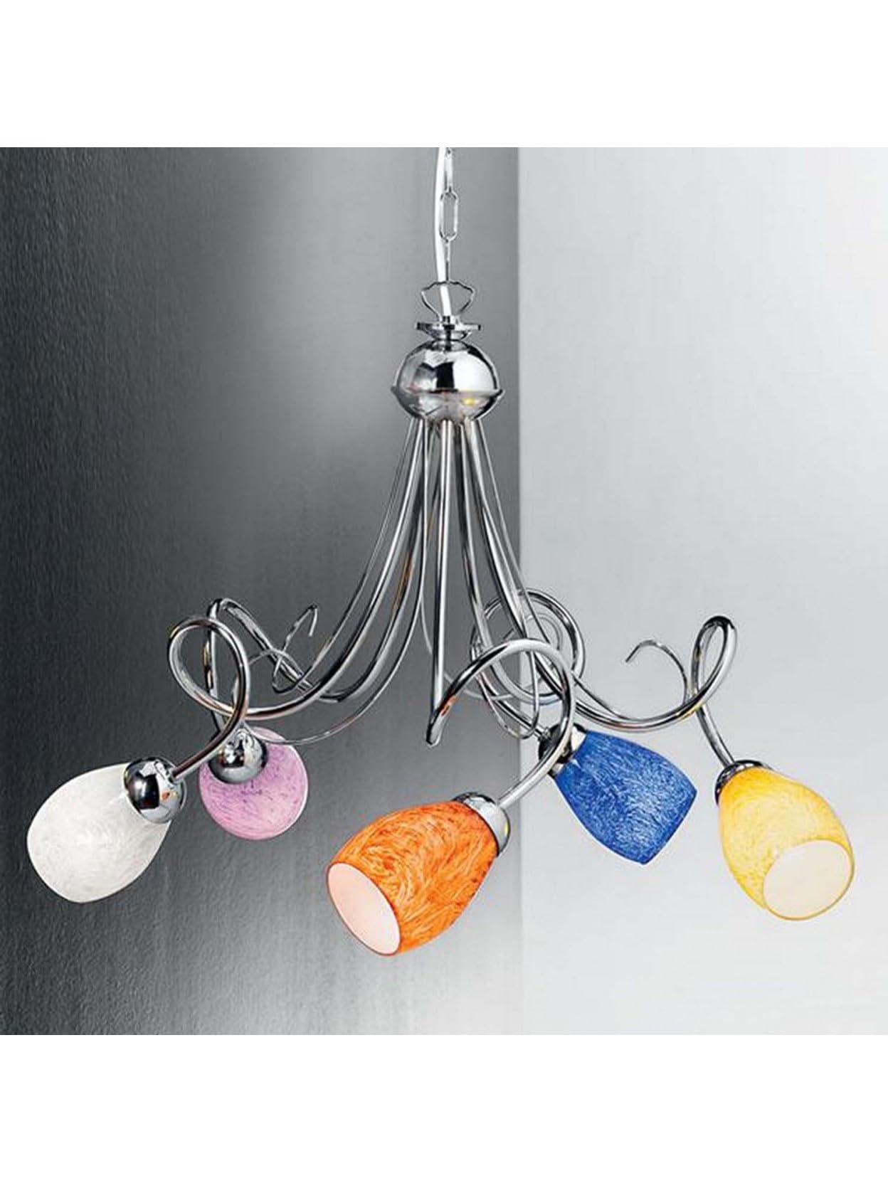 Generico Lampadario moderno cromato colorato con vetri di murano 5 luci DP059 per salotto, soggiorno, sala da pranzo, cameretta, camera da letto.