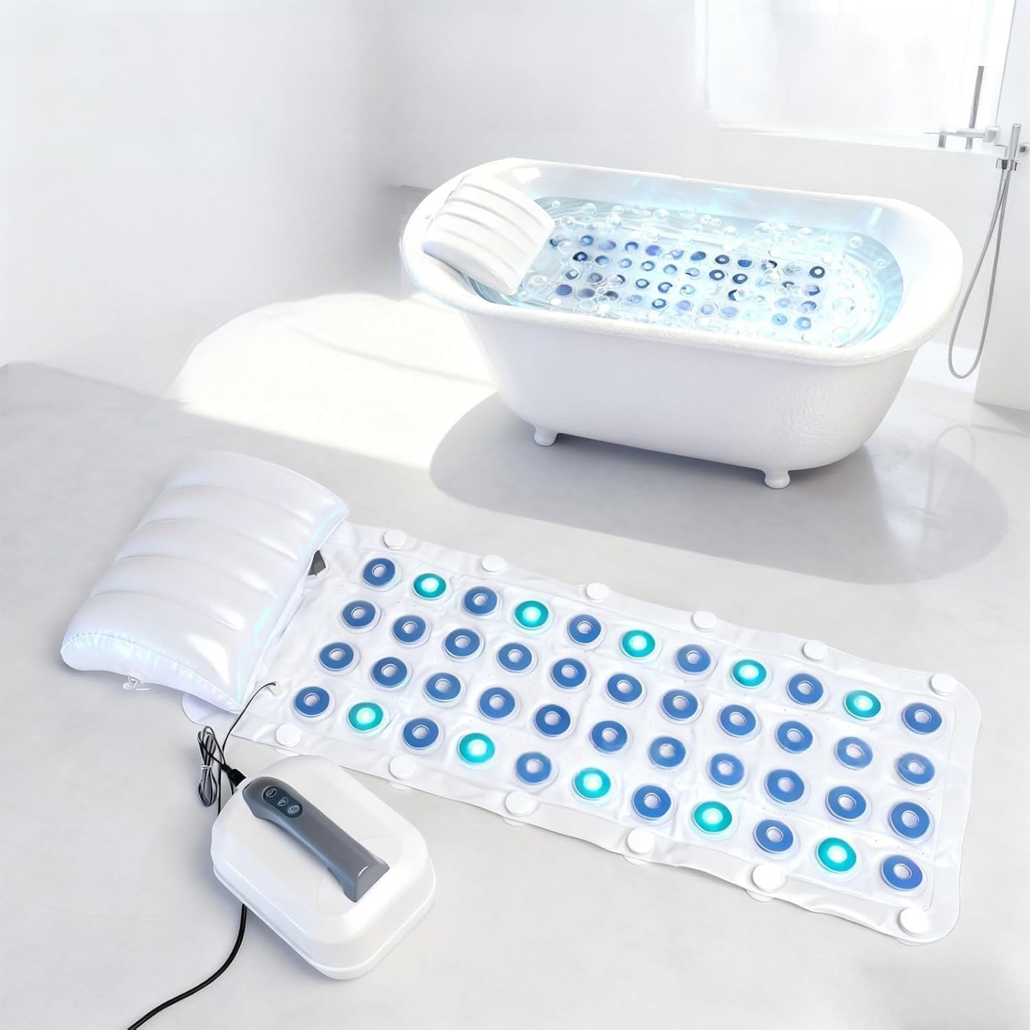 Tapete de baño de burbujas para bañera, tapete de spa de 49 x 17 pulgadas con aire cálido, ventosas antideslizantes, ultra silencioso, control remoto de 6 velocidades para una máxima relajación del