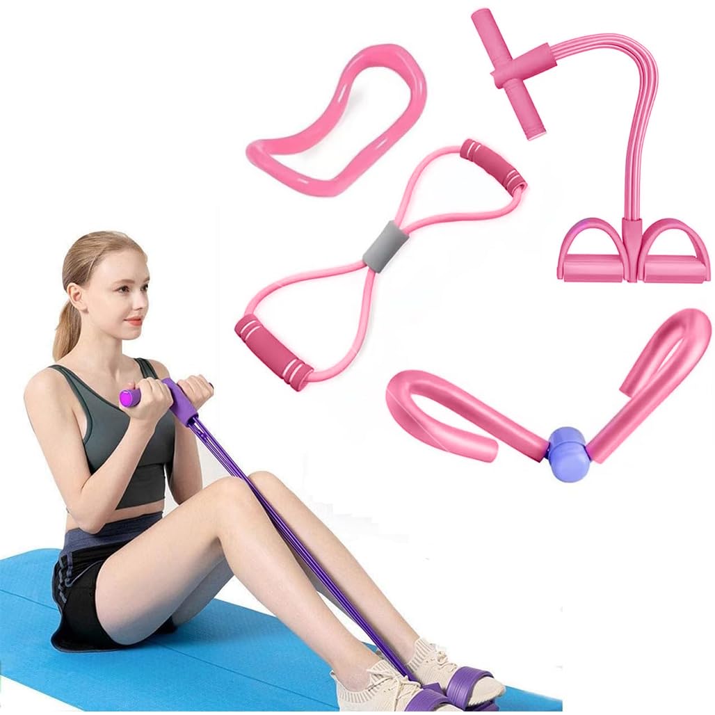 Goodern 4 PCS Pedal Resistance Band Set,Multifunction Elastic Yoga Resistance Band with Yoga Ring/Tension Band Natural Rubber Sport Fitness Equipment Waist/Arm Stretching Slimming Training-Pink