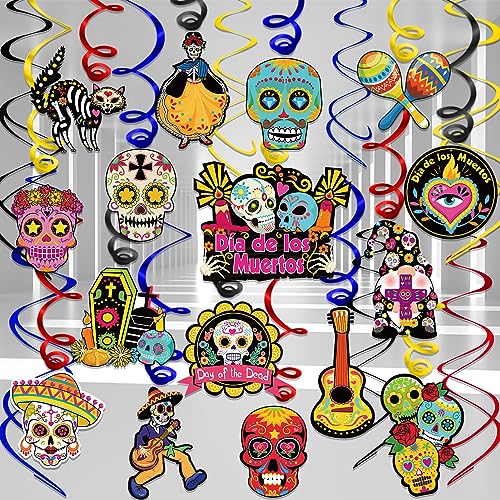 DPKOW 30pcs Dia de los Muertos Colgantes Remolinos Decoraciones, Mexicana Calavera Aluminio Serpentinas para Día de los Muertos Decoraciones del Techo, Halloween Mexicana Espiral Colgante Decoraciones
