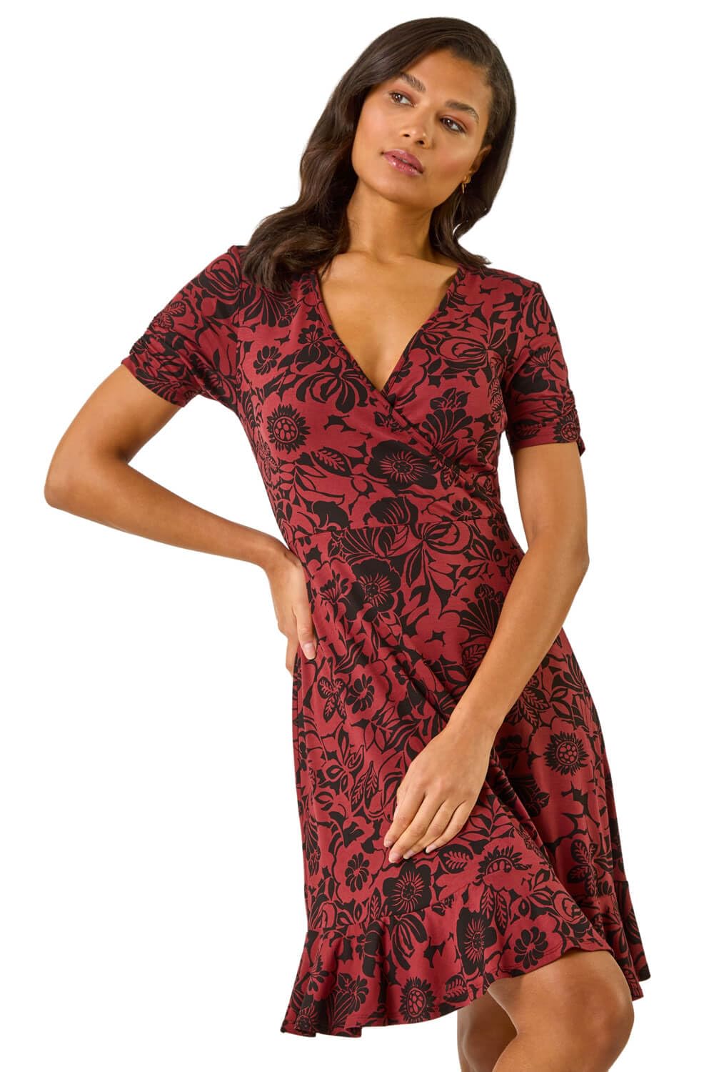 Roman Women's Rust Floral Print Wrap Frill Stretch Dress Size 20