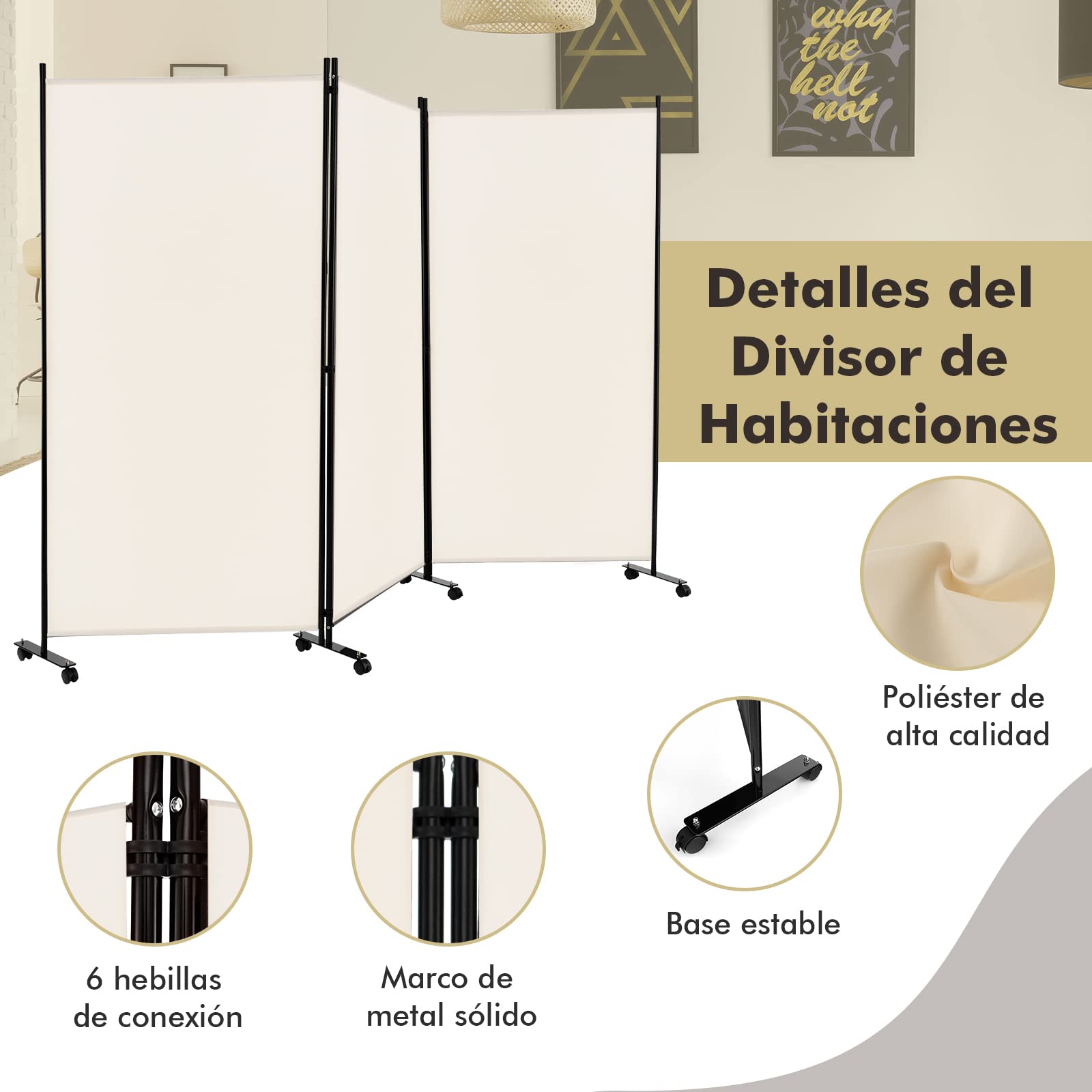 COSTWAY Biombo Separador de Ambientes de 3 Panel con Ruedas Bloqueables, Pared de Separador, Separador de Privacidad Independiente para Sala de Estar, Dormitorio